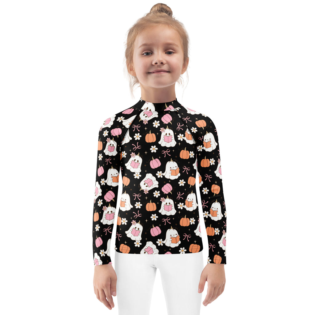 Girls Cute Floral Ghosts and Pumpkins Long Sleeve Rash Guard Swim Shirt – Buttery Soft, Sun Safe UPF 50+ Protection, Quick Dry & 4-Way Stretch Comfort