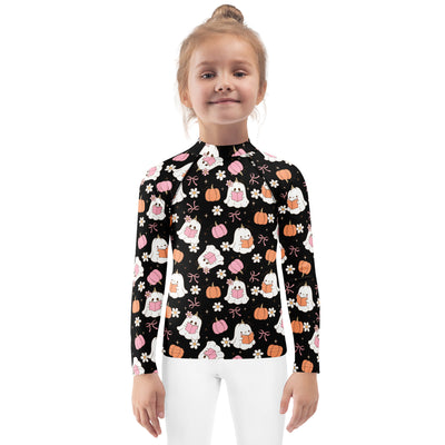 Girls Cute Floral Ghosts and Pumpkins Long Sleeve Rash Guard Swim Shirt – Buttery Soft, Sun Safe UPF 50+ Protection, Quick Dry & 4-Way Stretch Comfort