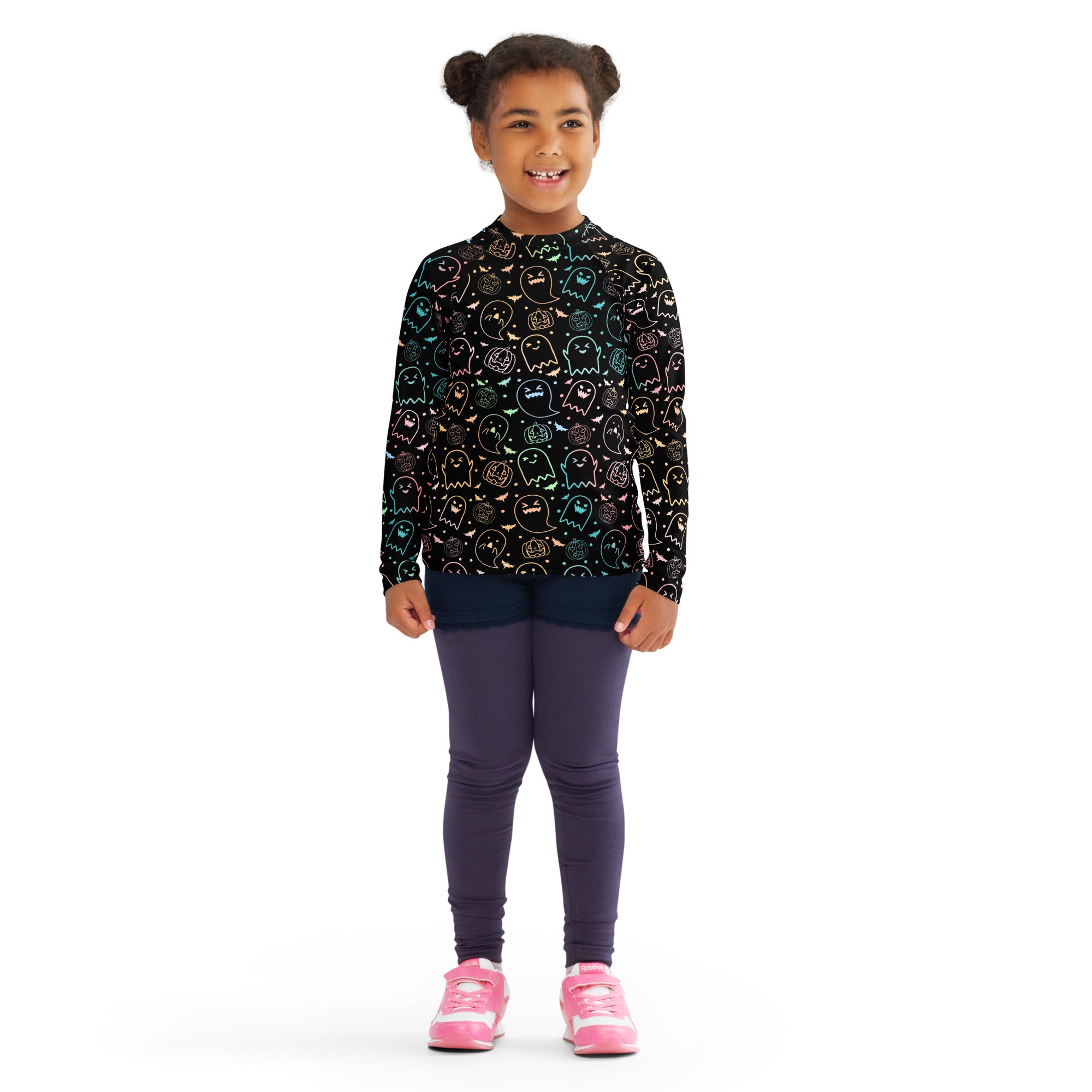 Girls Pastel Rainbow Halloween Long Sleeve Rash Guard Swim Shirt – Buttery Soft, Sun Safe UPF 50+ Protection, Quick Dry & 4-Way Stretch Comfort