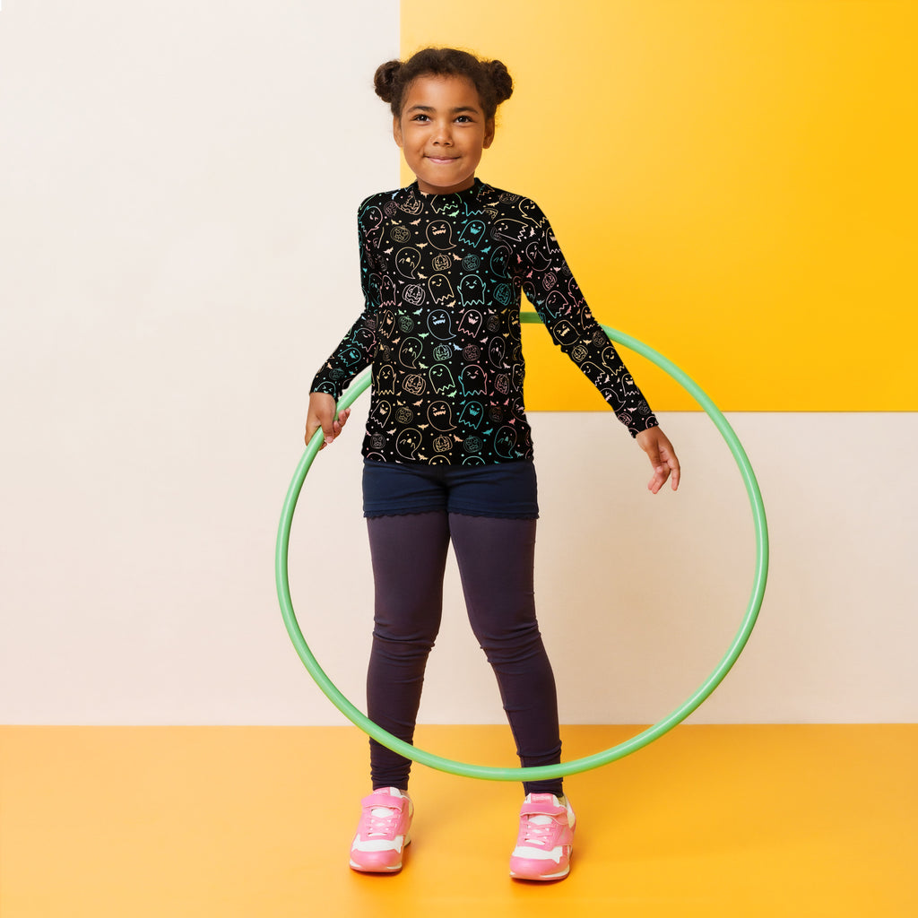 Girls Pastel Rainbow Halloween Long Sleeve Rash Guard Swim Shirt – Buttery Soft, Sun Safe UPF 50+ Protection, Quick Dry & 4-Way Stretch Comfort