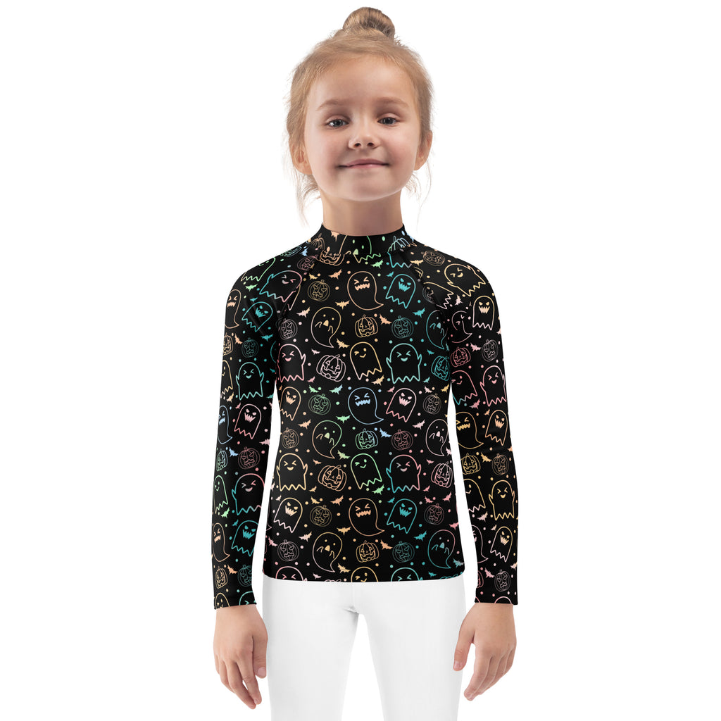 Girls Pastel Rainbow Halloween Long Sleeve Rash Guard Swim Shirt – Buttery Soft, Sun Safe UPF 50+ Protection, Quick Dry & 4-Way Stretch Comfort