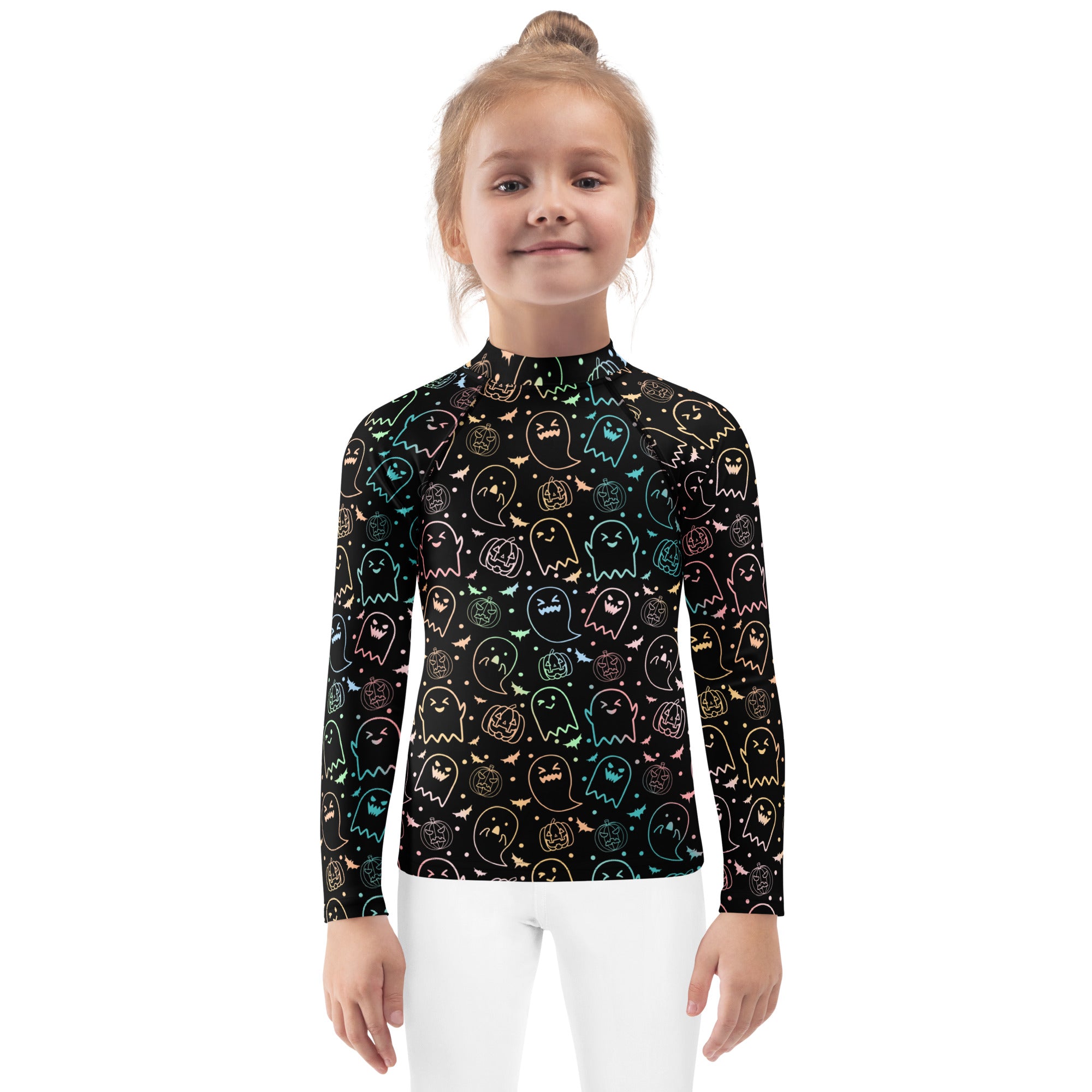 Girls Pastel Rainbow Halloween Long Sleeve Rash Guard Swim Shirt – Buttery Soft, Sun Safe UPF 50+ Protection, Quick Dry & 4-Way Stretch Comfort