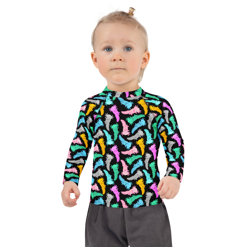 Kids Colorful Axolotl Long Sleeve Rash Guard Swim Shirt – Buttery Soft, Sun Safe UPF 50+ Protection, Quick Dry & 4-Way Stretch Comfort