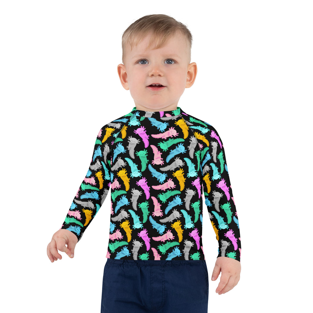 Kids Colorful Axolotl Long Sleeve Rash Guard Swim Shirt – Buttery Soft, Sun Safe UPF 50+ Protection, Quick Dry & 4-Way Stretch Comfort