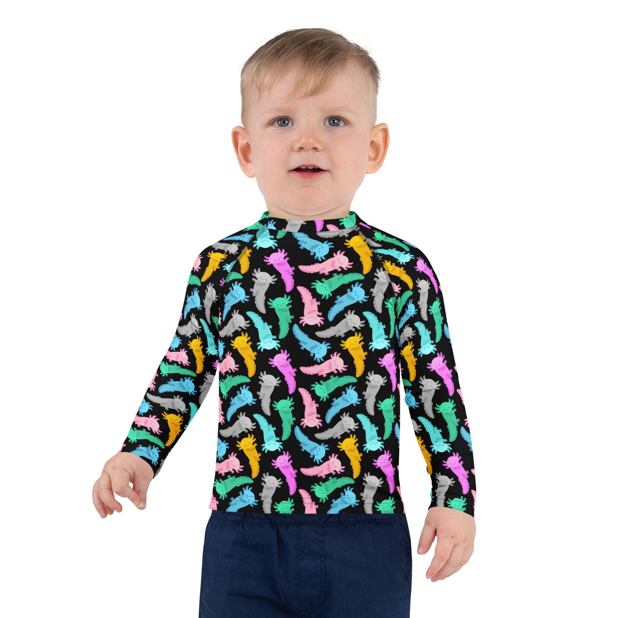 Kids Colorful Axolotl Long Sleeve Rash Guard Swim Shirt – Buttery Soft, Sun Safe UPF 50+ Protection, Quick Dry & 4-Way Stretch Comfort