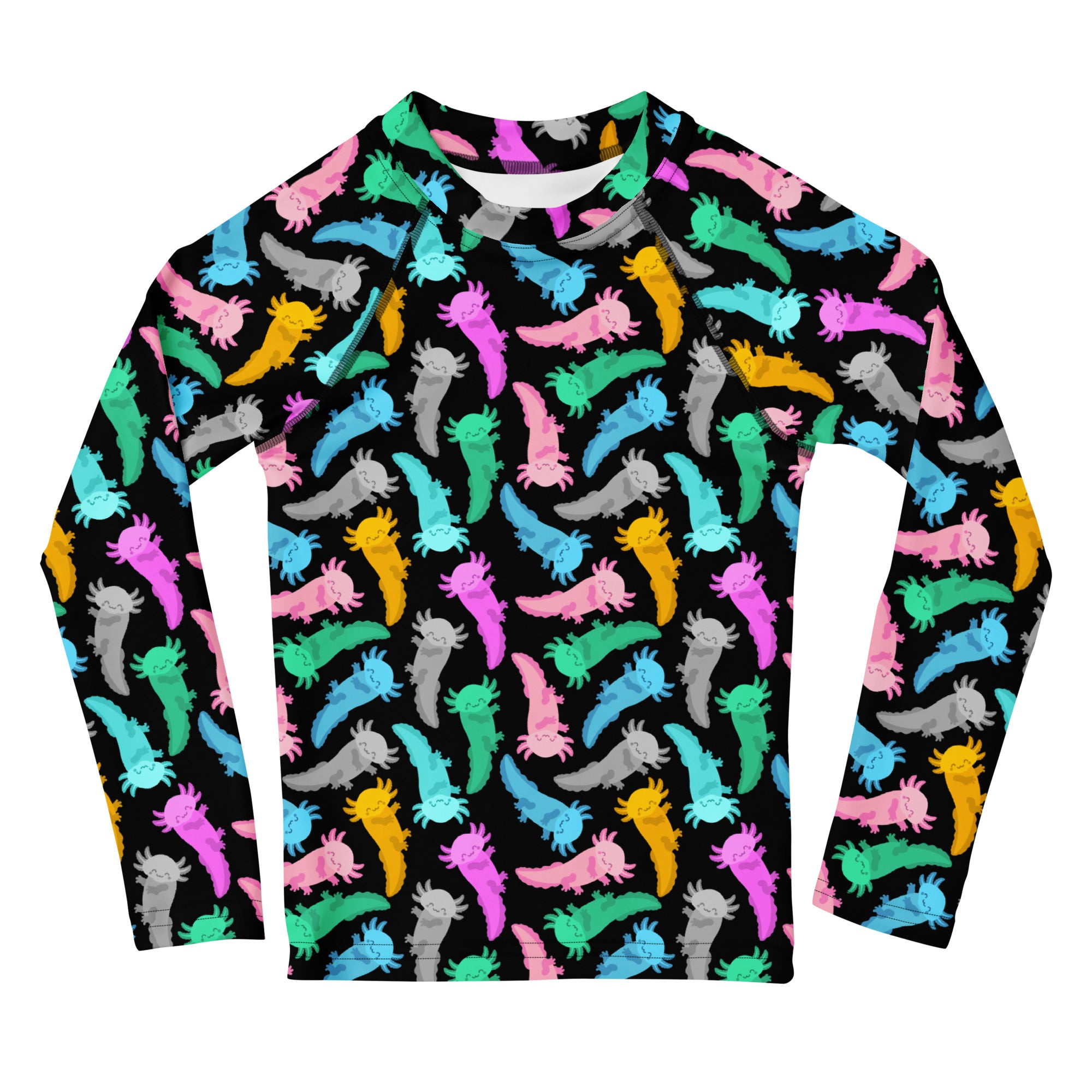 Kids Colorful Axolotl Long Sleeve Rash Guard Swim Shirt – Buttery Soft, Sun Safe UPF 50+ Protection, Quick Dry & 4-Way Stretch Comfort