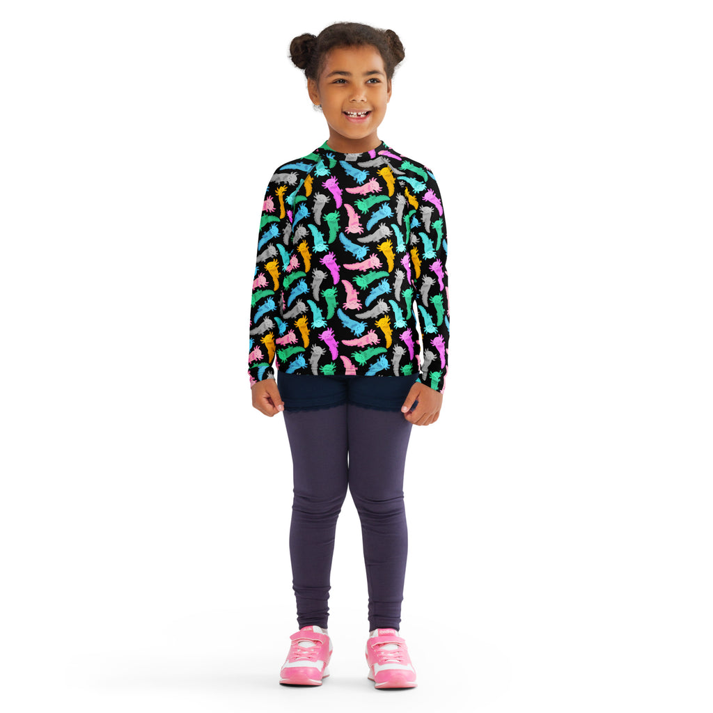 Kids Colorful Axolotl Long Sleeve Rash Guard Swim Shirt – Buttery Soft, Sun Safe UPF 50+ Protection, Quick Dry & 4-Way Stretch Comfort
