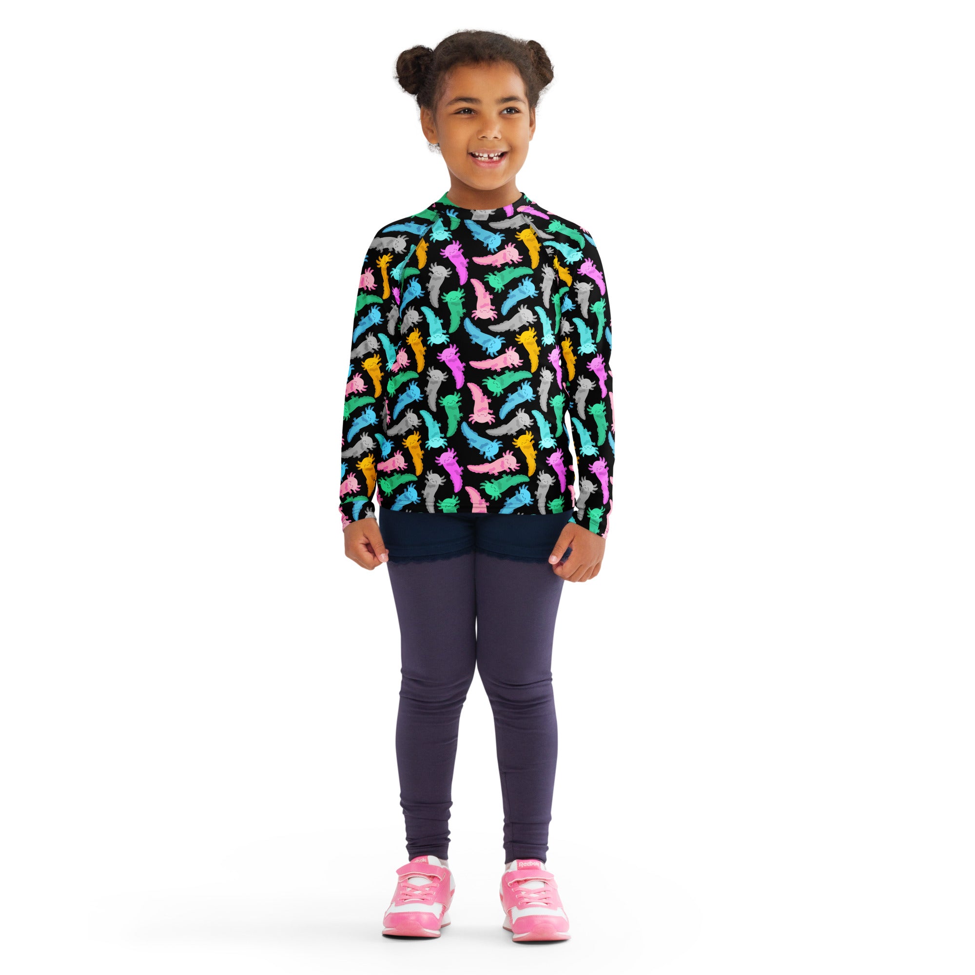 Kids Colorful Axolotl Long Sleeve Rash Guard Swim Shirt – Buttery Soft, Sun Safe UPF 50+ Protection, Quick Dry & 4-Way Stretch Comfort