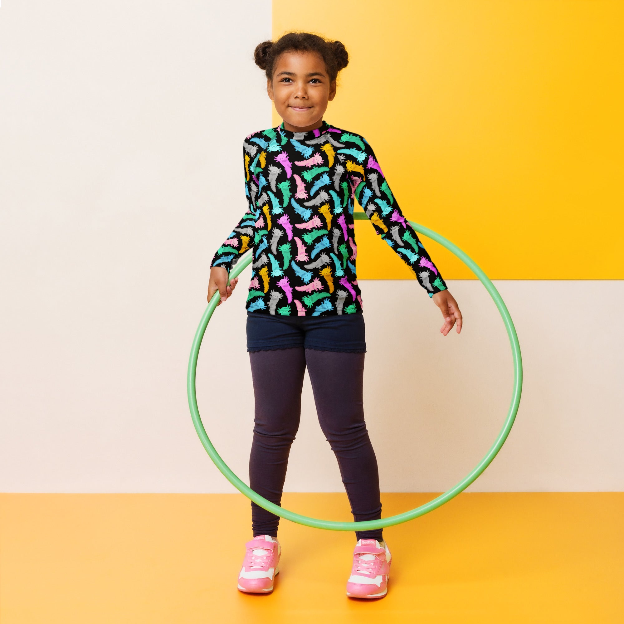 Kids Colorful Axolotl Long Sleeve Rash Guard Swim Shirt – Buttery Soft, Sun Safe UPF 50+ Protection, Quick Dry & 4-Way Stretch Comfort