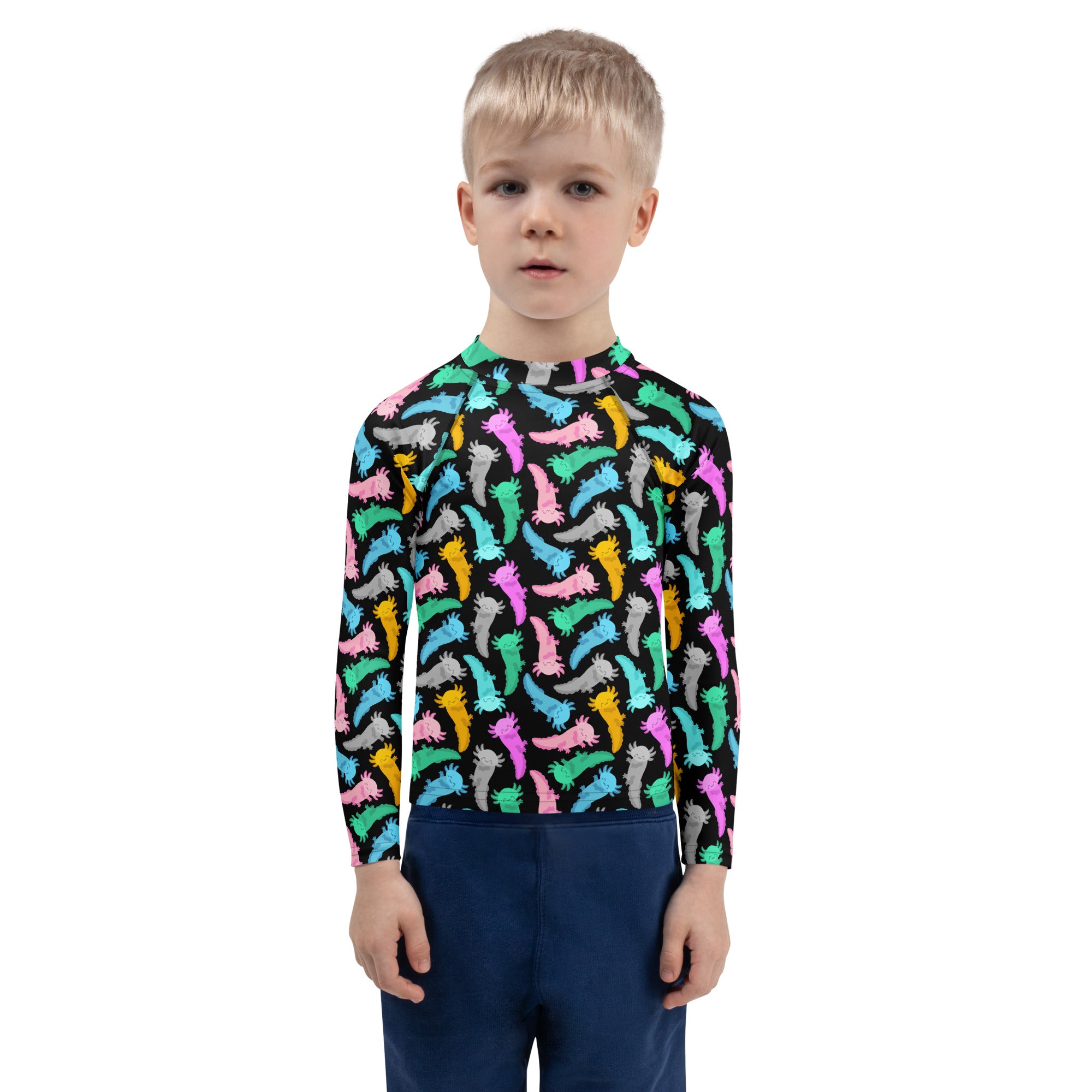 Kids Colorful Axolotl Long Sleeve Rash Guard Swim Shirt – Buttery Soft, Sun Safe UPF 50+ Protection, Quick Dry & 4-Way Stretch Comfort