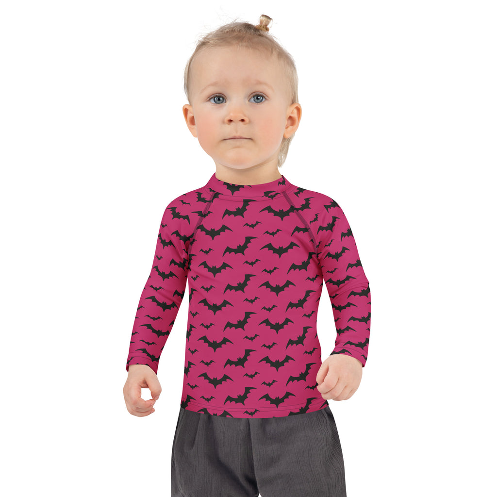 Kids Pink Halloween Bats Long Sleeve Rash Guard Swim Shirt – Buttery Soft, Sun Safe UPF 50+ Protection, Quick Dry & 4-Way Stretch Comfort