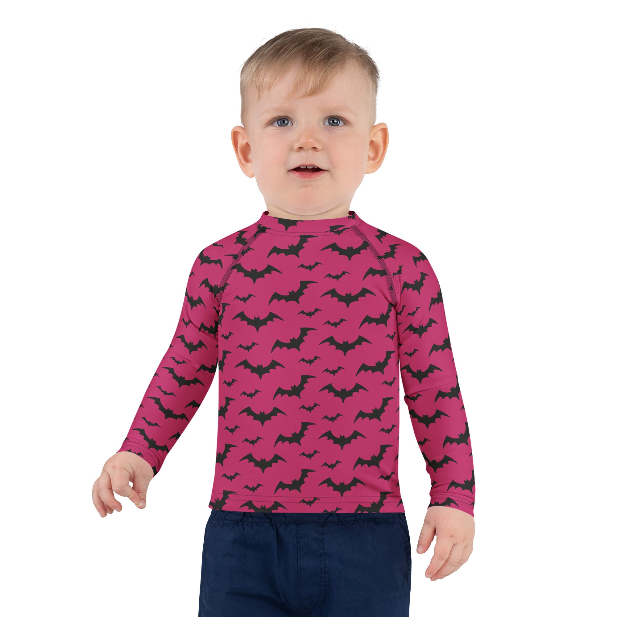 Kids Pink Halloween Bats Long Sleeve Rash Guard Swim Shirt – Buttery Soft, Sun Safe UPF 50+ Protection, Quick Dry & 4-Way Stretch Comfort
