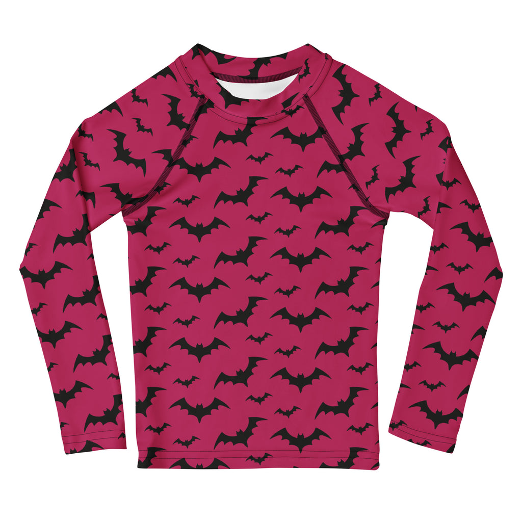 Kids Pink Halloween Bats Long Sleeve Rash Guard Swim Shirt – Buttery Soft, Sun Safe UPF 50+ Protection, Quick Dry & 4-Way Stretch Comfort
