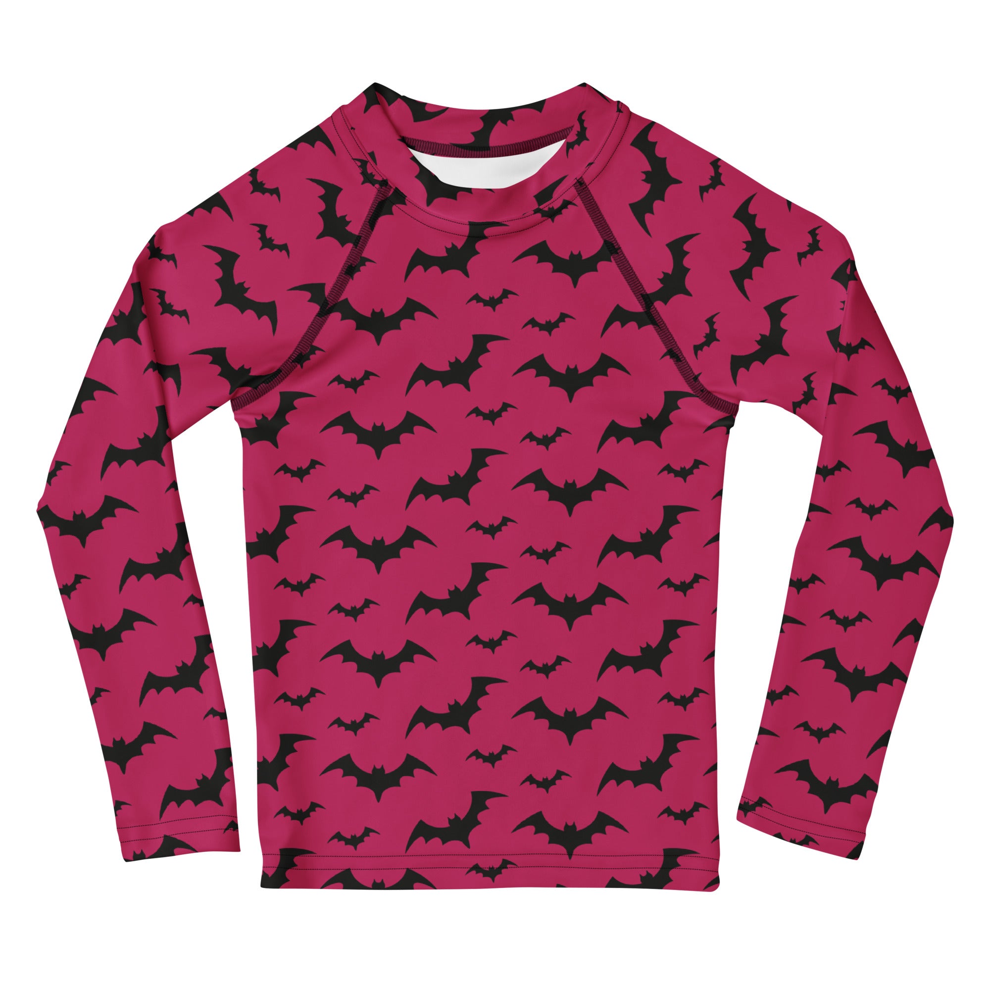 Kids Pink Halloween Bats Long Sleeve Rash Guard Swim Shirt – Buttery Soft, Sun Safe UPF 50+ Protection, Quick Dry & 4-Way Stretch Comfort