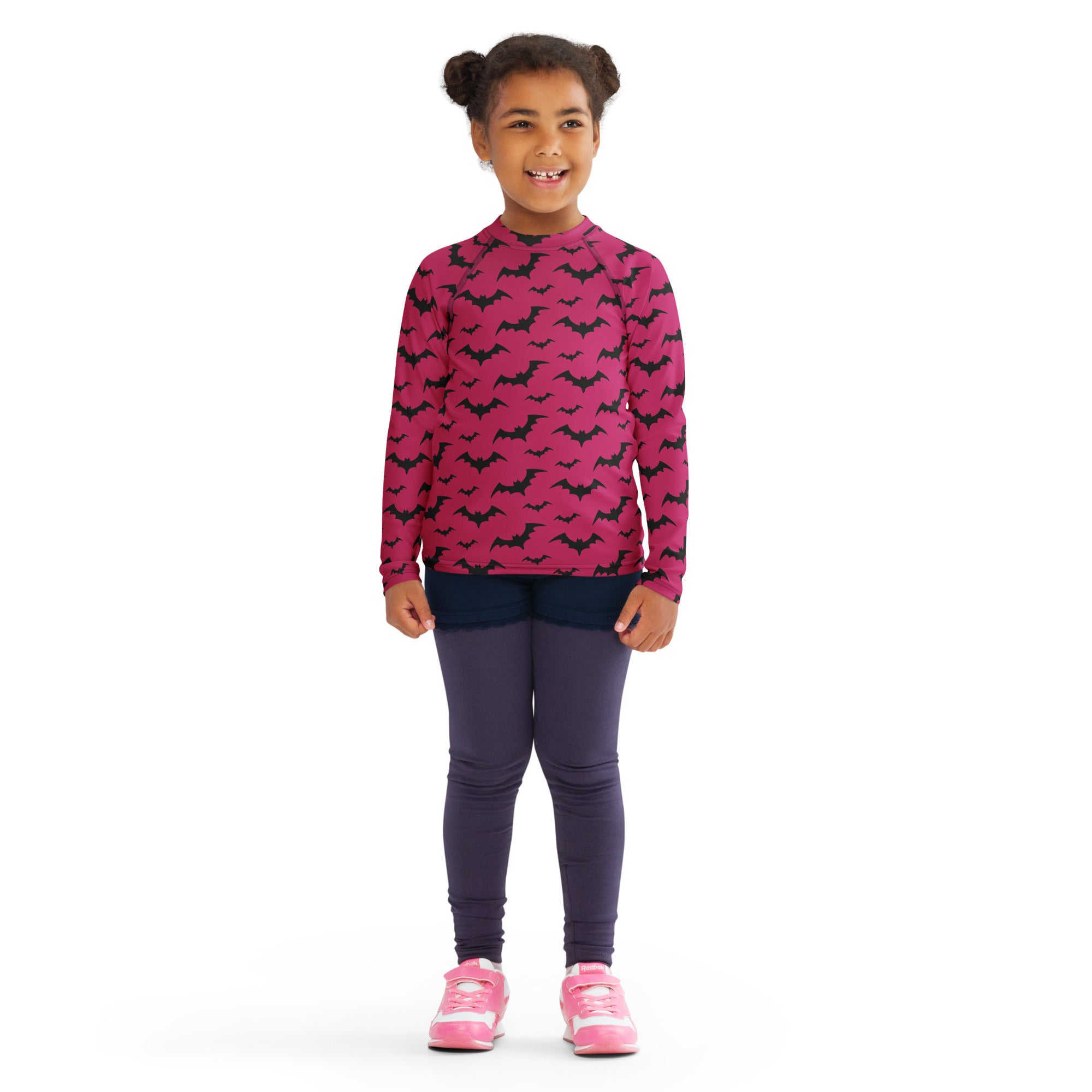 Kids Pink Halloween Bats Long Sleeve Rash Guard Swim Shirt – Buttery Soft, Sun Safe UPF 50+ Protection, Quick Dry & 4-Way Stretch Comfort