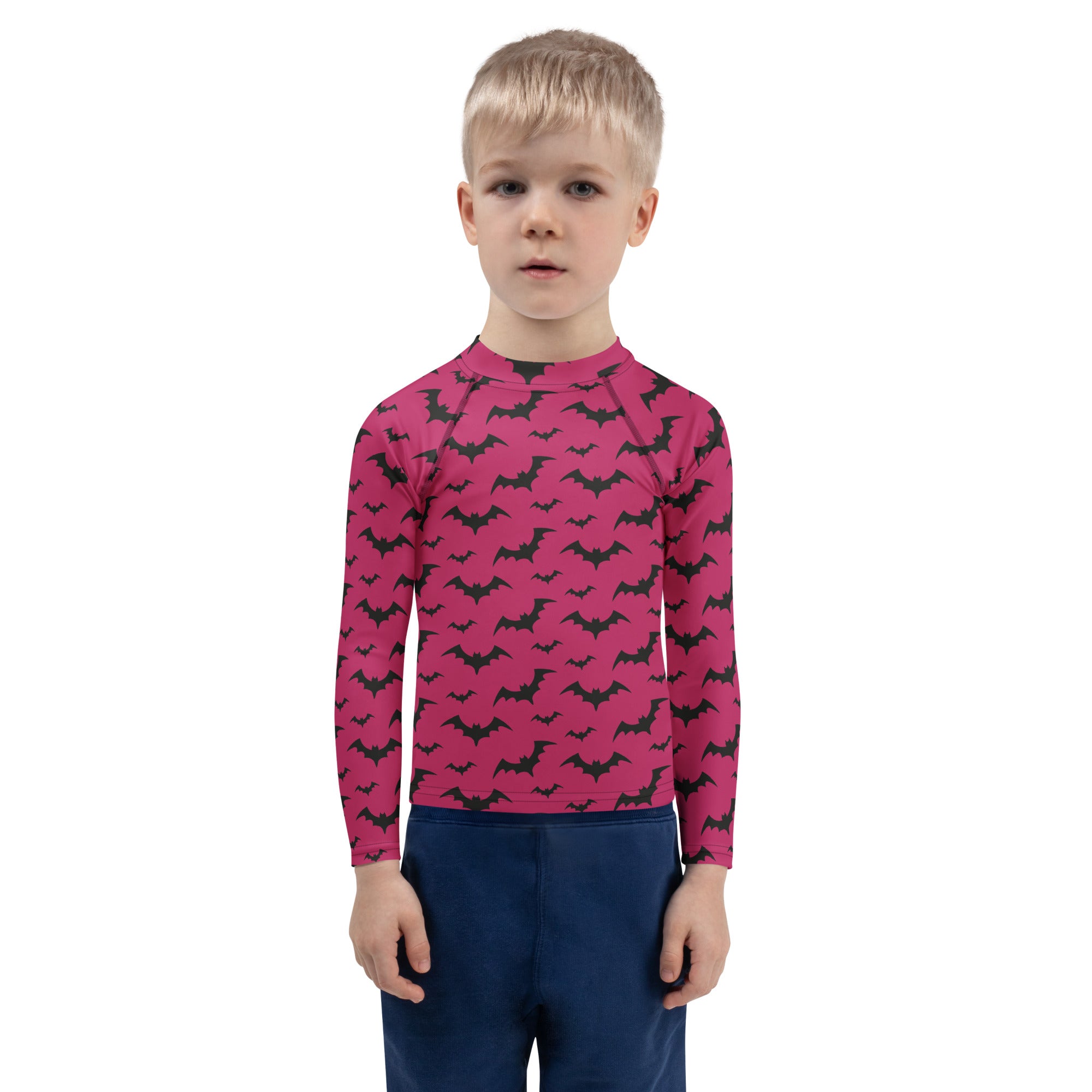Kids Pink Halloween Bats Long Sleeve Rash Guard Swim Shirt – Buttery Soft, Sun Safe UPF 50+ Protection, Quick Dry & 4-Way Stretch Comfort