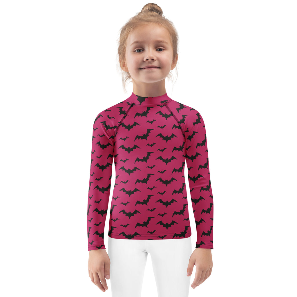 Kids Pink Halloween Bats Long Sleeve Rash Guard Swim Shirt – Buttery Soft, Sun Safe UPF 50+ Protection, Quick Dry & 4-Way Stretch Comfort
