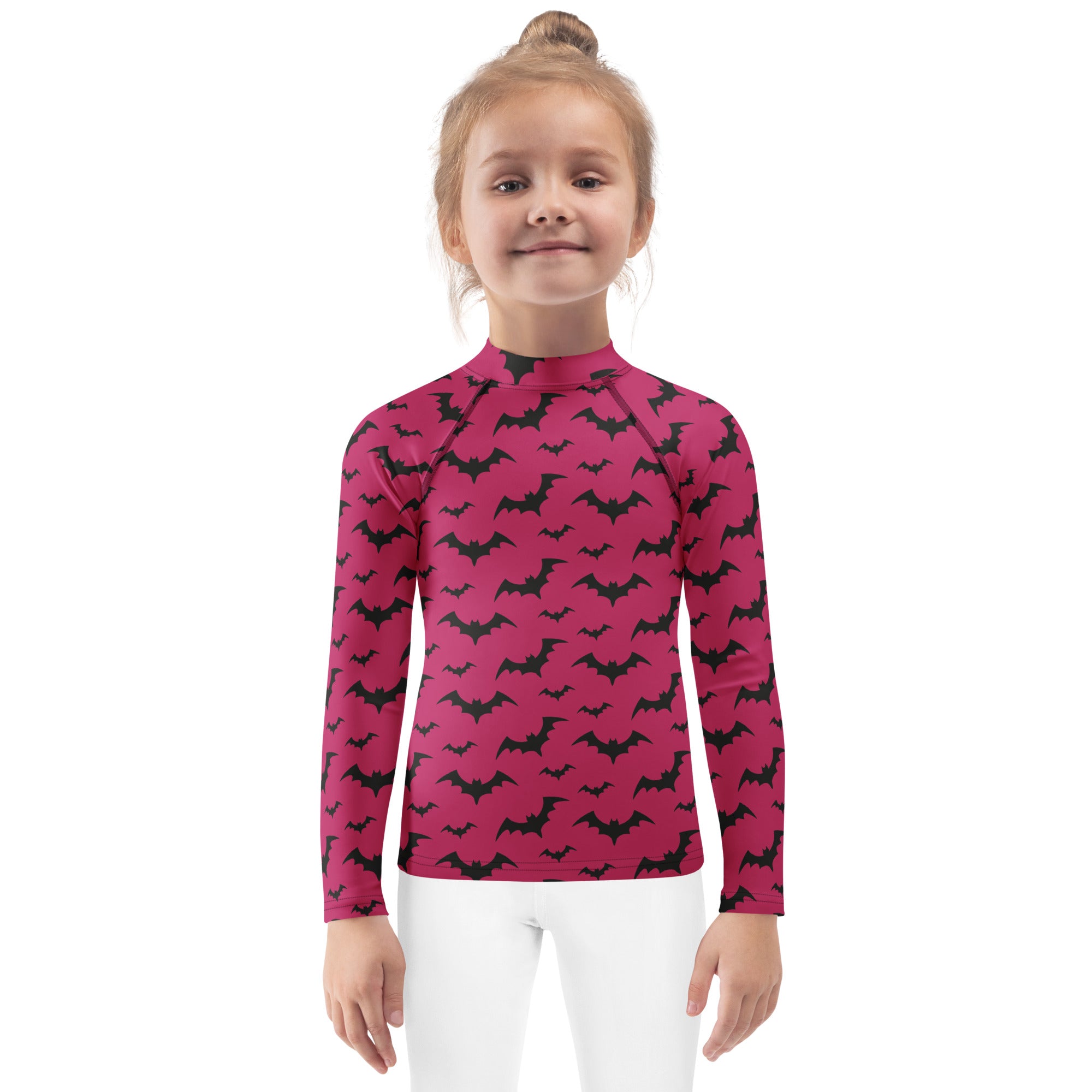 Kids Pink Halloween Bats Long Sleeve Rash Guard Swim Shirt – Buttery Soft, Sun Safe UPF 50+ Protection, Quick Dry & 4-Way Stretch Comfort