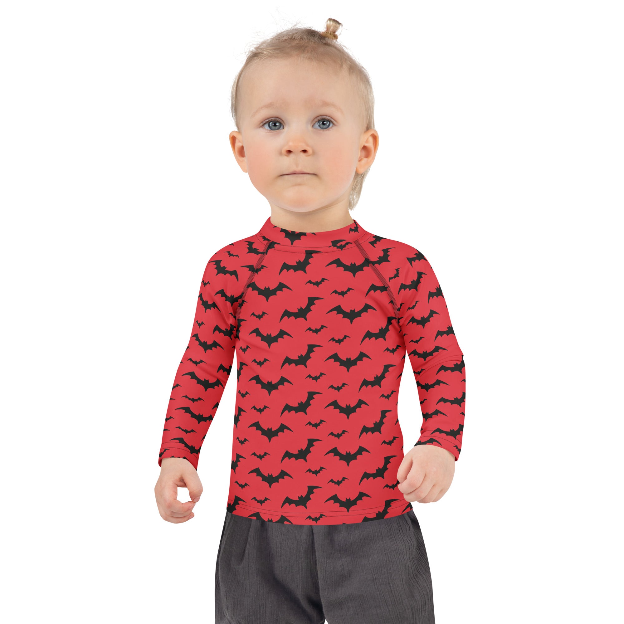 Kids Red Halloween Bats Long Sleeve Rash Guard Swim Shirt – Buttery Soft, Sun Safe UPF 50+ Protection, Quick Dry & 4-Way Stretch Comfort