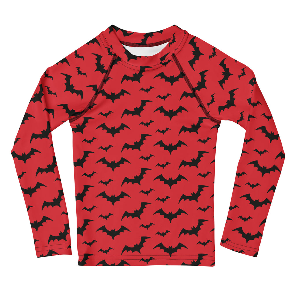 Kids Red Halloween Bats Long Sleeve Rash Guard Swim Shirt – Buttery Soft, Sun Safe UPF 50+ Protection, Quick Dry & 4-Way Stretch Comfort