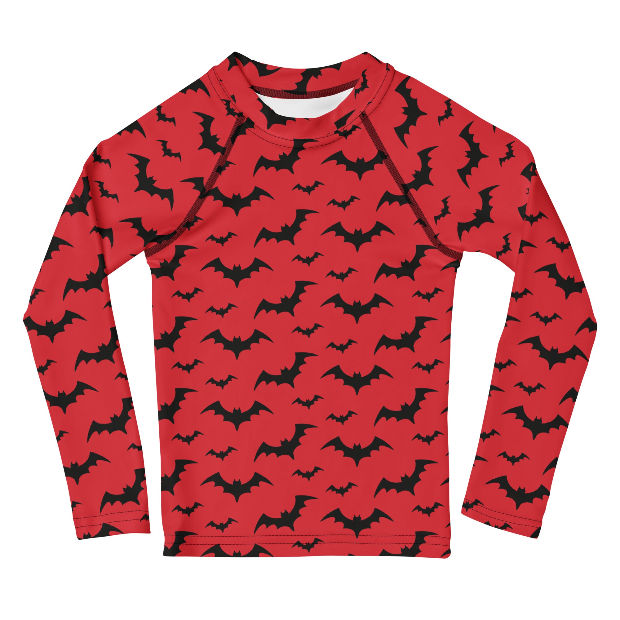 Kids Red Halloween Bats Long Sleeve Rash Guard Swim Shirt – Buttery Soft, Sun Safe UPF 50+ Protection, Quick Dry & 4-Way Stretch Comfort