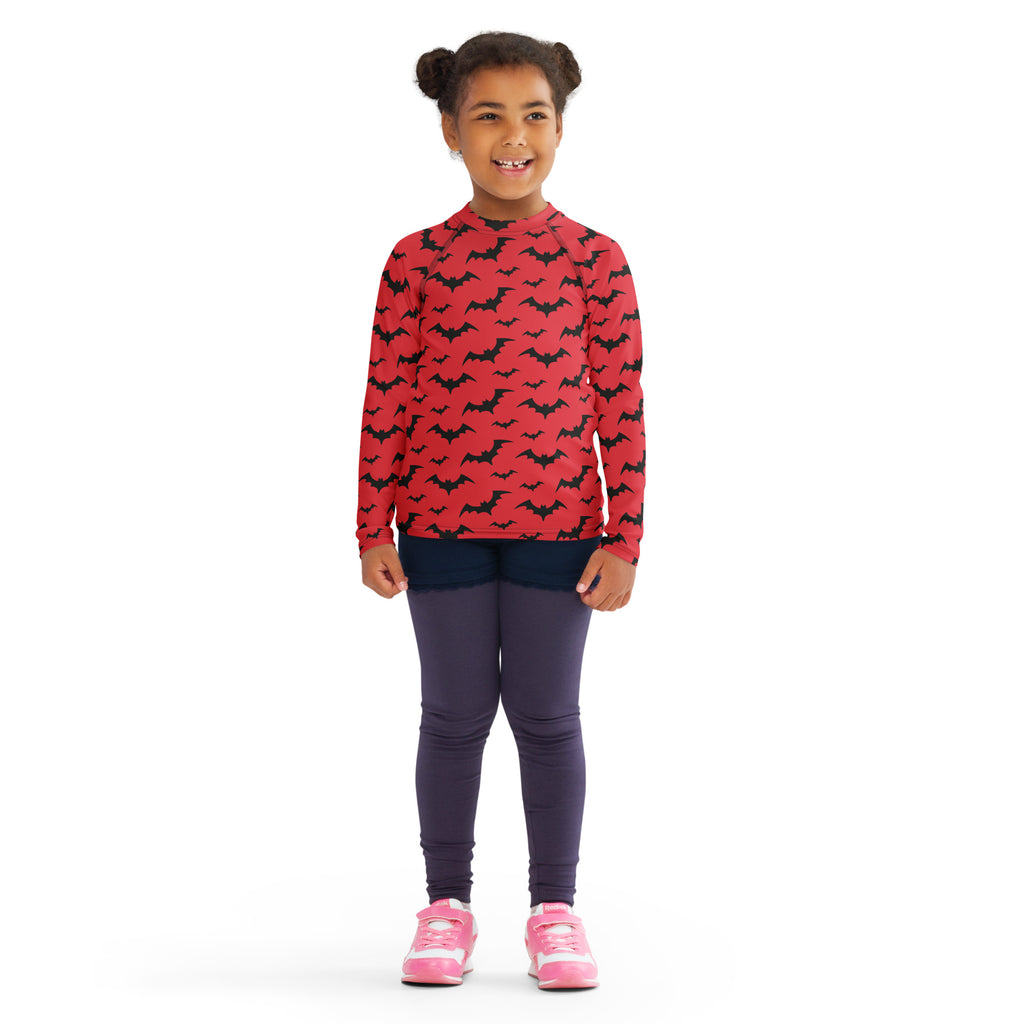 Kids Red Halloween Bats Long Sleeve Rash Guard Swim Shirt – Buttery Soft, Sun Safe UPF 50+ Protection, Quick Dry & 4-Way Stretch Comfort