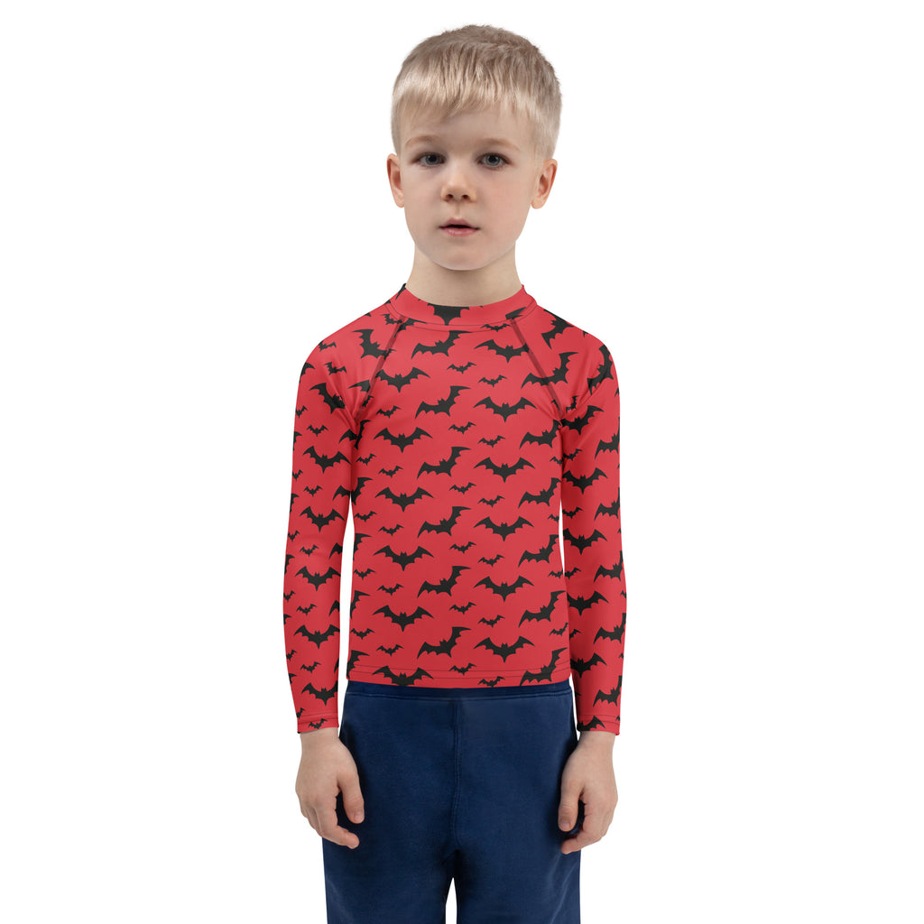 Kids Red Halloween Bats Long Sleeve Rash Guard Swim Shirt – Buttery Soft, Sun Safe UPF 50+ Protection, Quick Dry & 4-Way Stretch Comfort