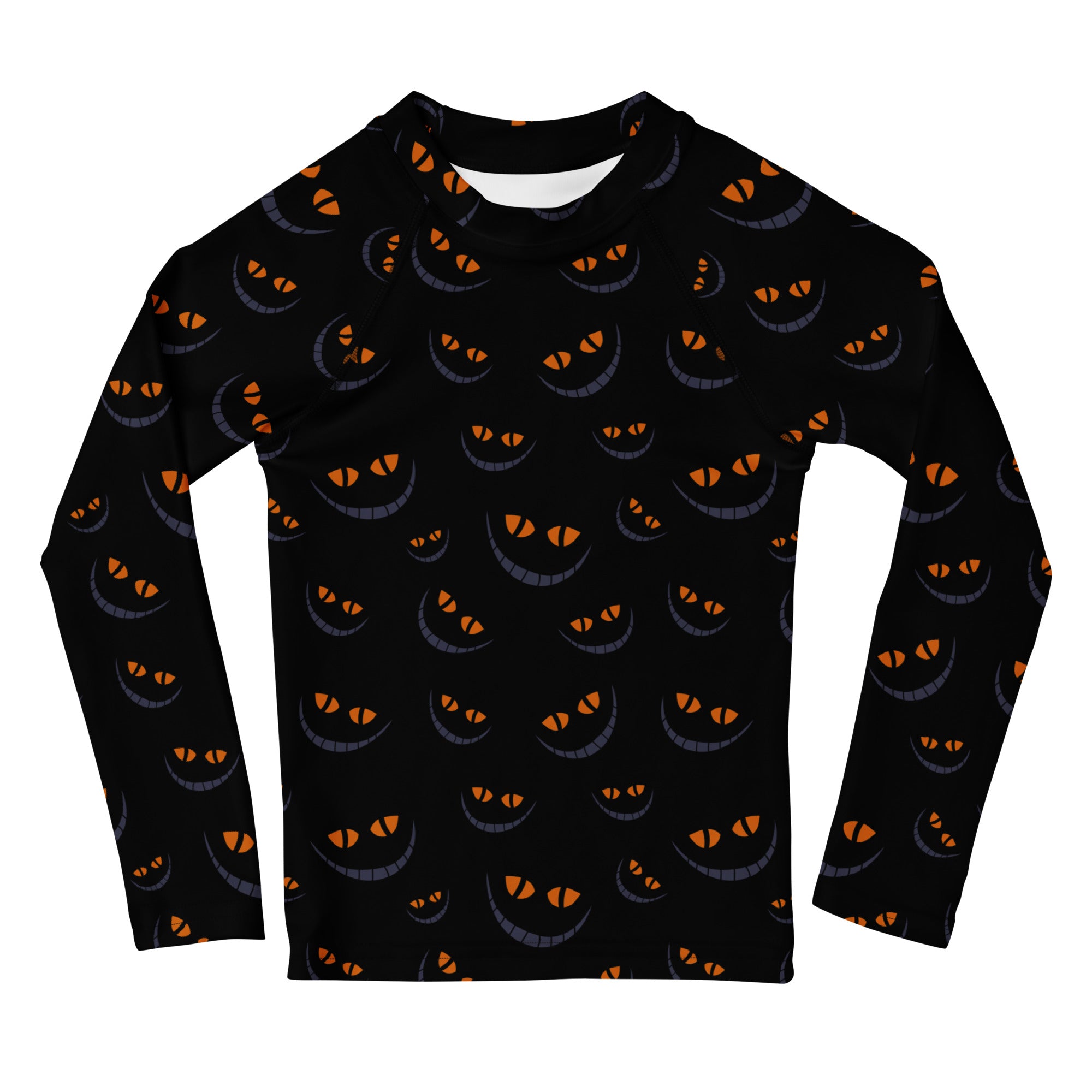 Girls Creepy Cat Smile Halloween Long Sleeve Rash Guard Swim Shirt – Buttery Soft, Sun Safe UPF 50+ Protection, Quick Dry & 4-Way Stretch Comfort