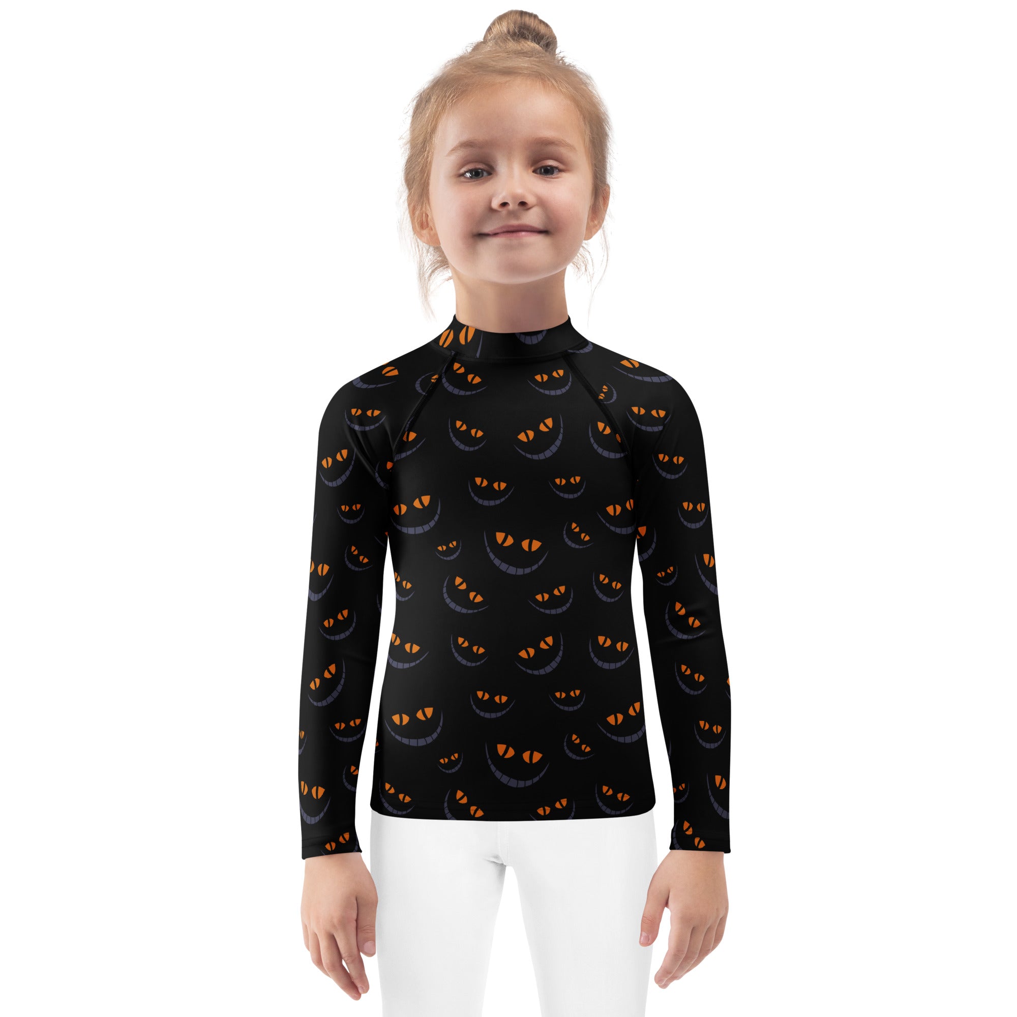 Girls Creepy Cat Smile Halloween Long Sleeve Rash Guard Swim Shirt – Buttery Soft, Sun Safe UPF 50+ Protection, Quick Dry & 4-Way Stretch Comfort