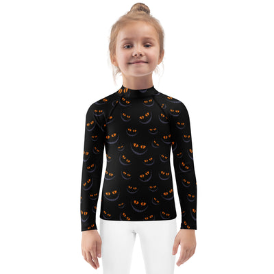Girls Creepy Cat Smile Halloween Long Sleeve Rash Guard Swim Shirt – Buttery Soft, Sun Safe UPF 50+ Protection, Quick Dry & 4-Way Stretch Comfort