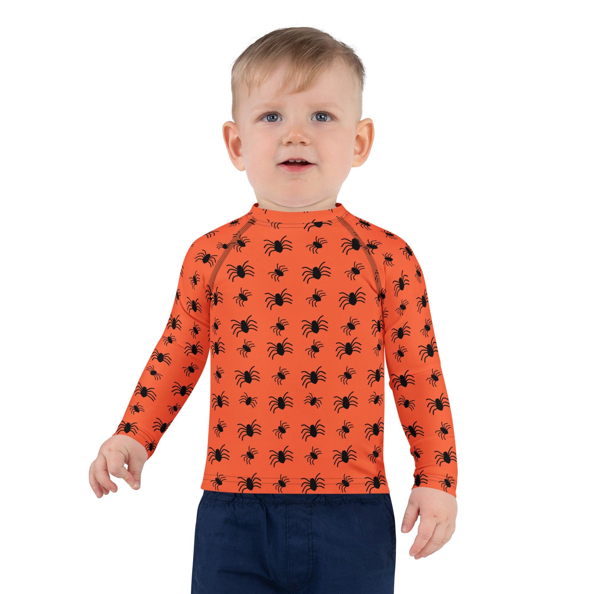 Kids Orange Halloween Spiders Long Sleeve Rash Guard Swim Shirt – Buttery Soft, Sun Safe UPF 50+ Protection, Quick Dry & 4-Way Stretch Comfort
