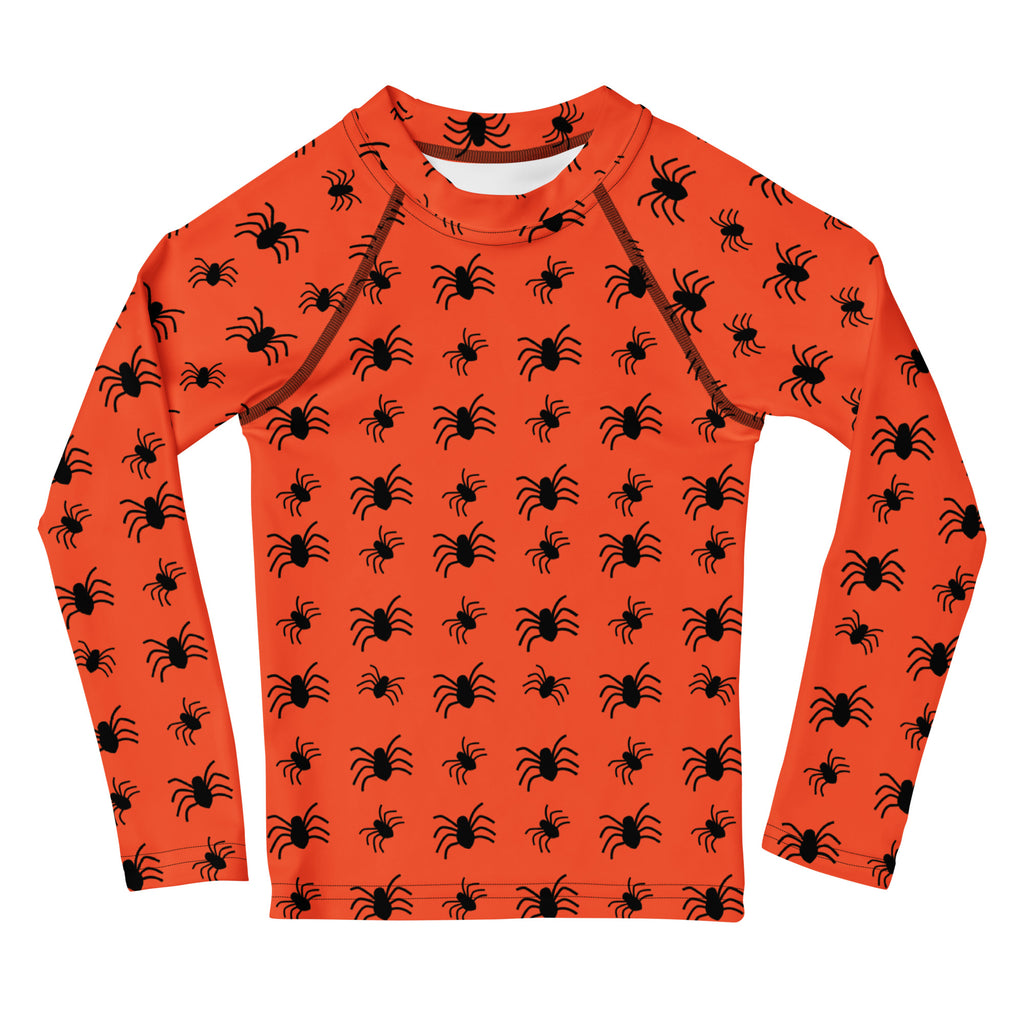 Kids Orange Halloween Spiders Long Sleeve Rash Guard Swim Shirt – Buttery Soft, Sun Safe UPF 50+ Protection, Quick Dry & 4-Way Stretch Comfort