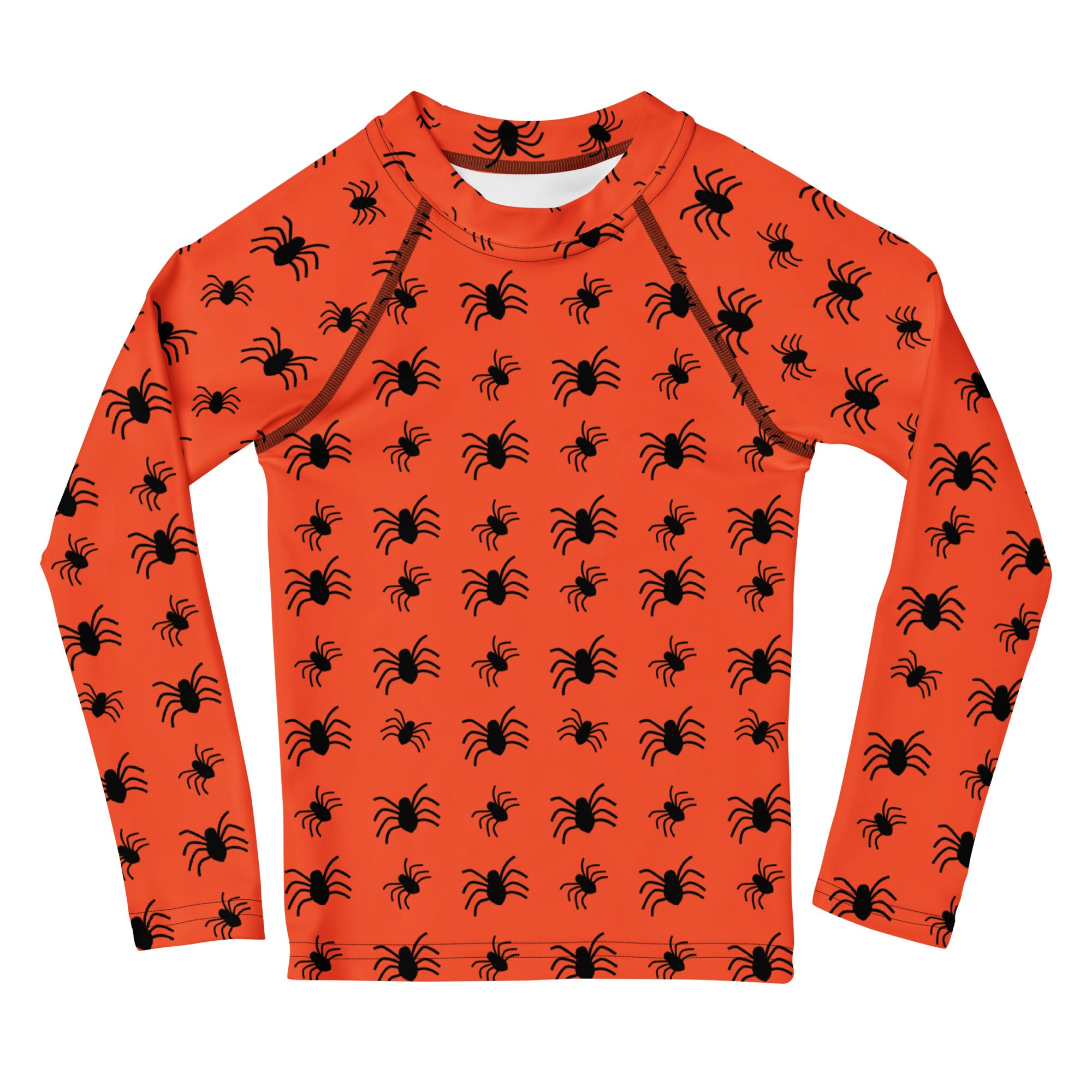 Kids Orange Halloween Spiders Long Sleeve Rash Guard Swim Shirt – Buttery Soft, Sun Safe UPF 50+ Protection, Quick Dry & 4-Way Stretch Comfort