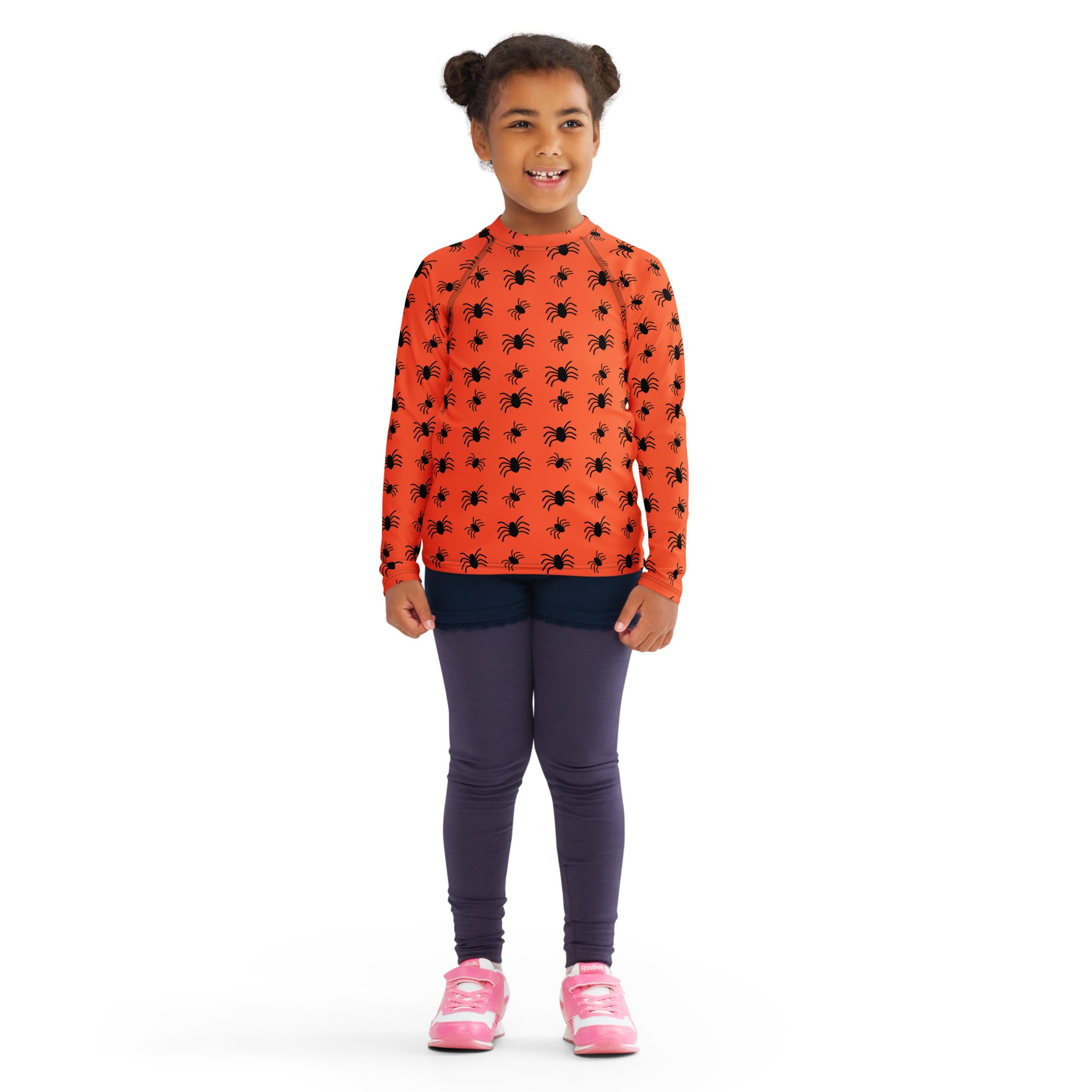 Kids Orange Halloween Spiders Long Sleeve Rash Guard Swim Shirt – Buttery Soft, Sun Safe UPF 50+ Protection, Quick Dry & 4-Way Stretch Comfort