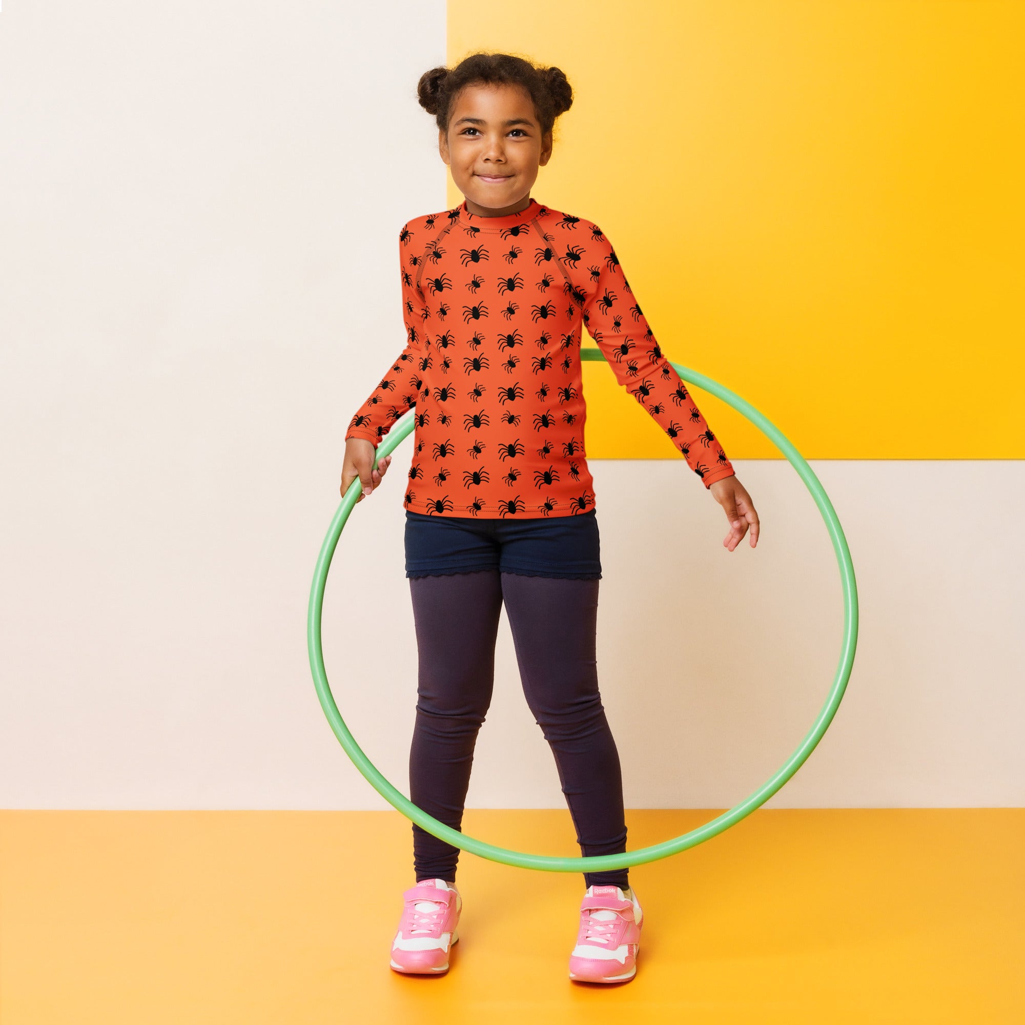 Kids Orange Halloween Spiders Long Sleeve Rash Guard Swim Shirt – Buttery Soft, Sun Safe UPF 50+ Protection, Quick Dry & 4-Way Stretch Comfort