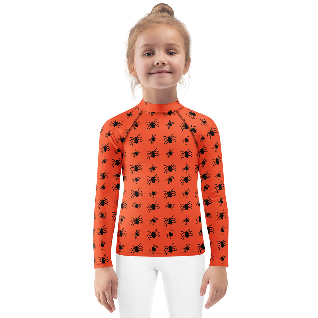 Kids Orange Halloween Spiders Long Sleeve Rash Guard Swim Shirt – Buttery Soft, Sun Safe UPF 50+ Protection, Quick Dry & 4-Way Stretch Comfort