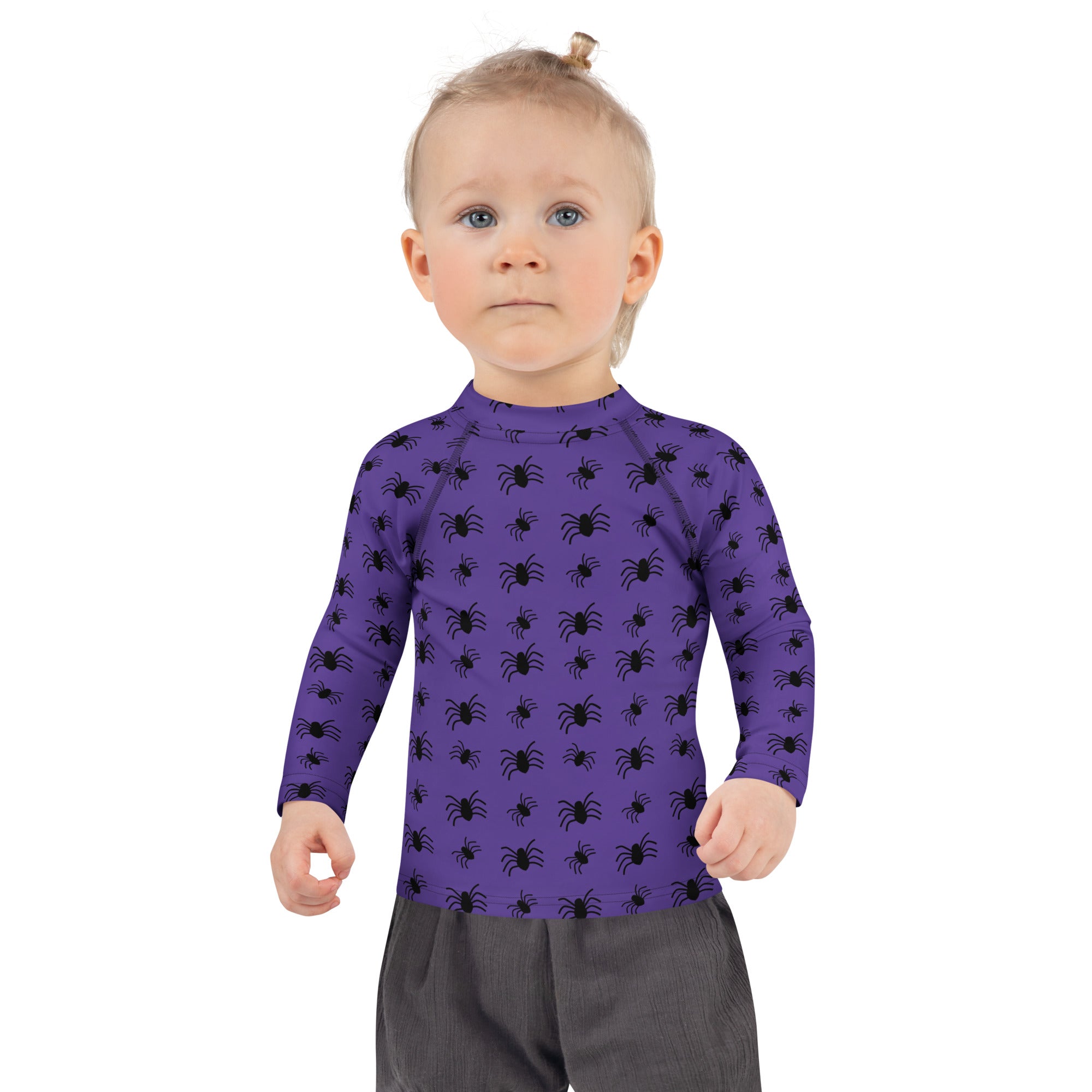 Kids Purple Halloween Spiders Long Sleeve Rash Guard Swim Shirt – Buttery Soft, Sun Safe UPF 50+ Protection, Quick Dry & 4-Way Stretch Comfort