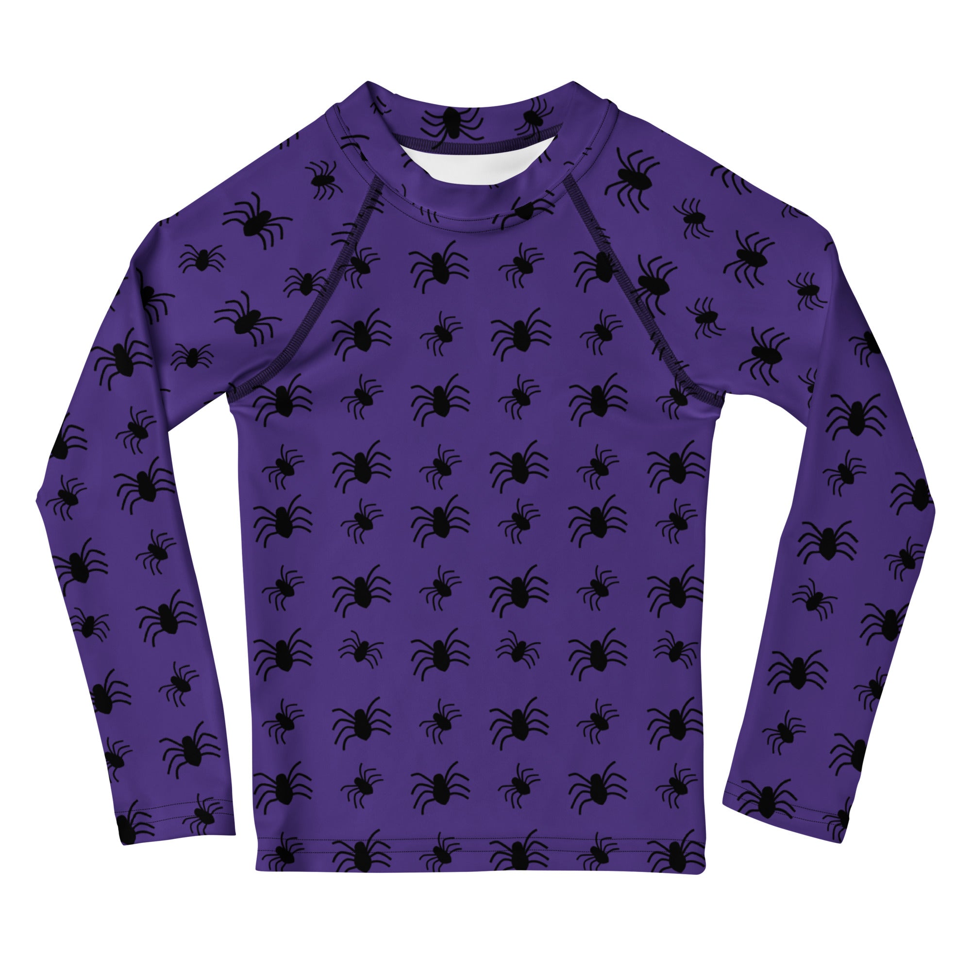 Kids Purple Halloween Spiders Long Sleeve Rash Guard Swim Shirt – Buttery Soft, Sun Safe UPF 50+ Protection, Quick Dry & 4-Way Stretch Comfort