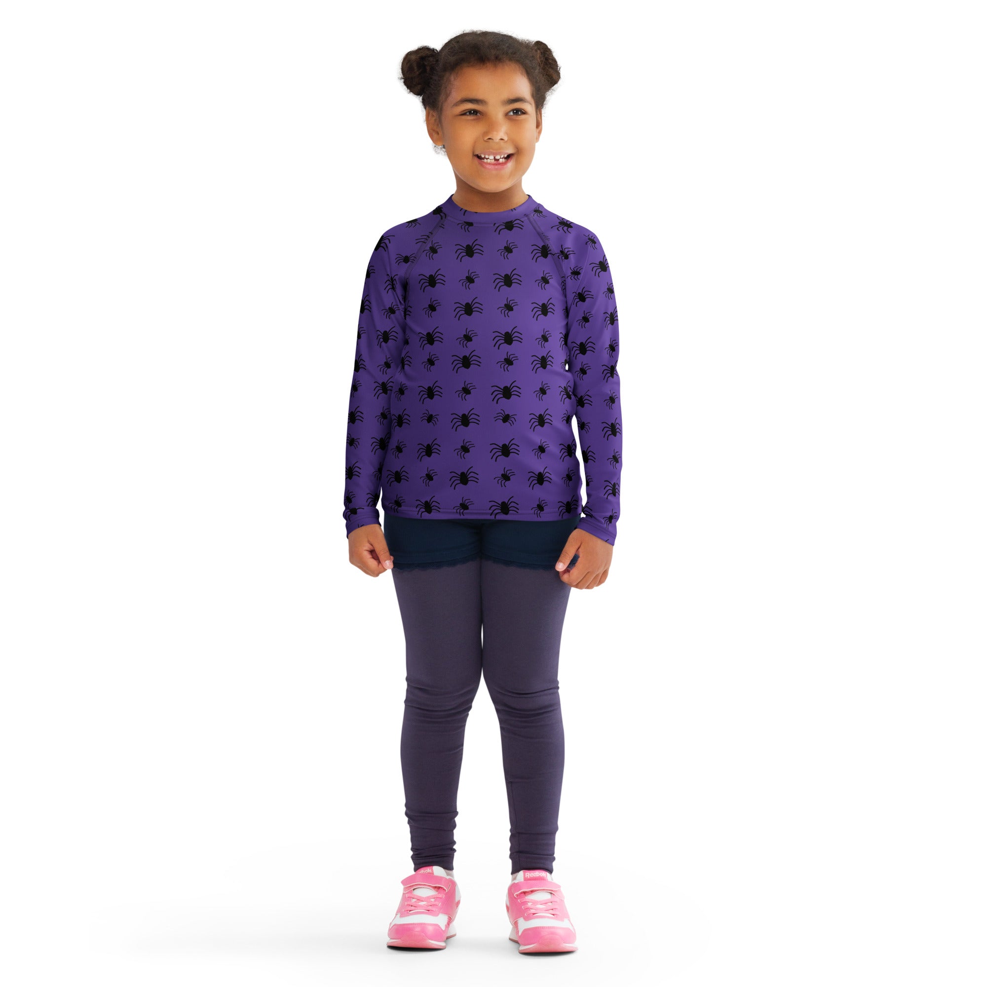 Kids Purple Halloween Spiders Long Sleeve Rash Guard Swim Shirt – Buttery Soft, Sun Safe UPF 50+ Protection, Quick Dry & 4-Way Stretch Comfort