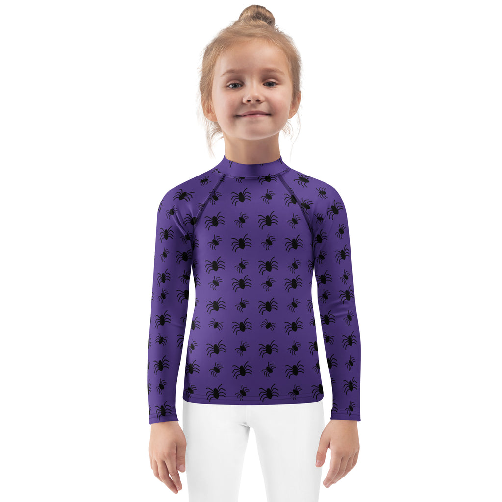 Kids Purple Halloween Spiders Long Sleeve Rash Guard Swim Shirt – Buttery Soft, Sun Safe UPF 50+ Protection, Quick Dry & 4-Way Stretch Comfort