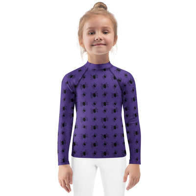 Kids Purple Halloween Spiders Long Sleeve Rash Guard Swim Shirt – Buttery Soft, Sun Safe UPF 50+ Protection, Quick Dry & 4-Way Stretch Comfort