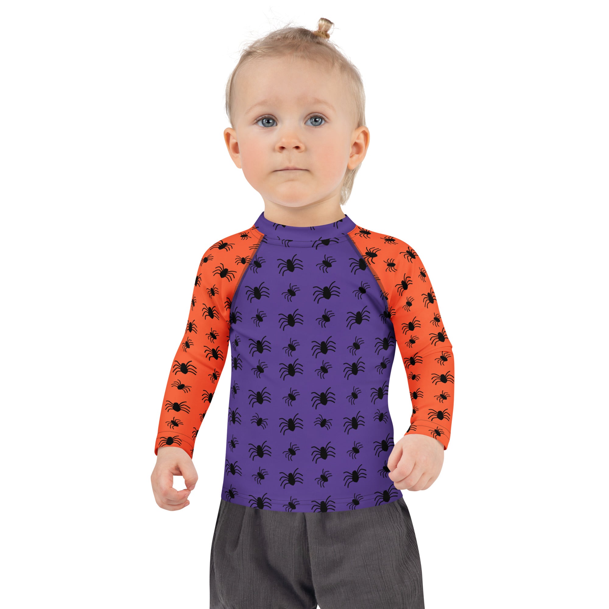 Kids Halloween Spiders Long Sleeve Rash Guard Swim Shirt – Buttery Soft, Sun Safe UPF 50+ Protection, Quick Dry & 4-Way Stretch Comfort