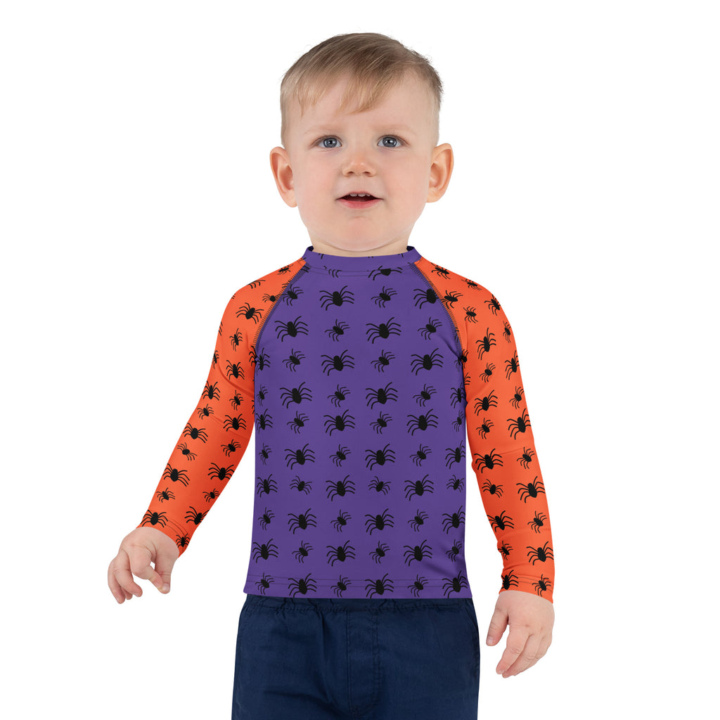 Kids Halloween Spiders Long Sleeve Rash Guard Swim Shirt – Buttery Soft, Sun Safe UPF 50+ Protection, Quick Dry & 4-Way Stretch Comfort