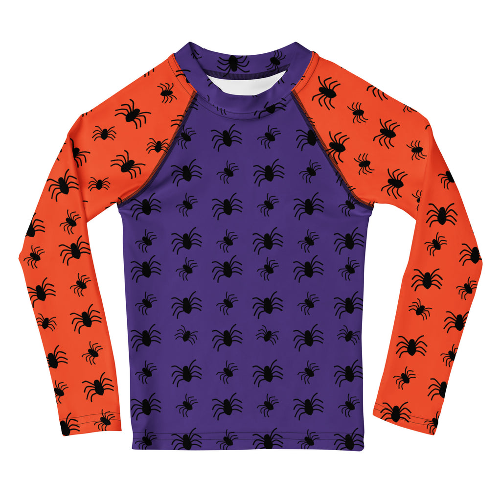 Kids Halloween Spiders Long Sleeve Rash Guard Swim Shirt – Buttery Soft, Sun Safe UPF 50+ Protection, Quick Dry & 4-Way Stretch Comfort