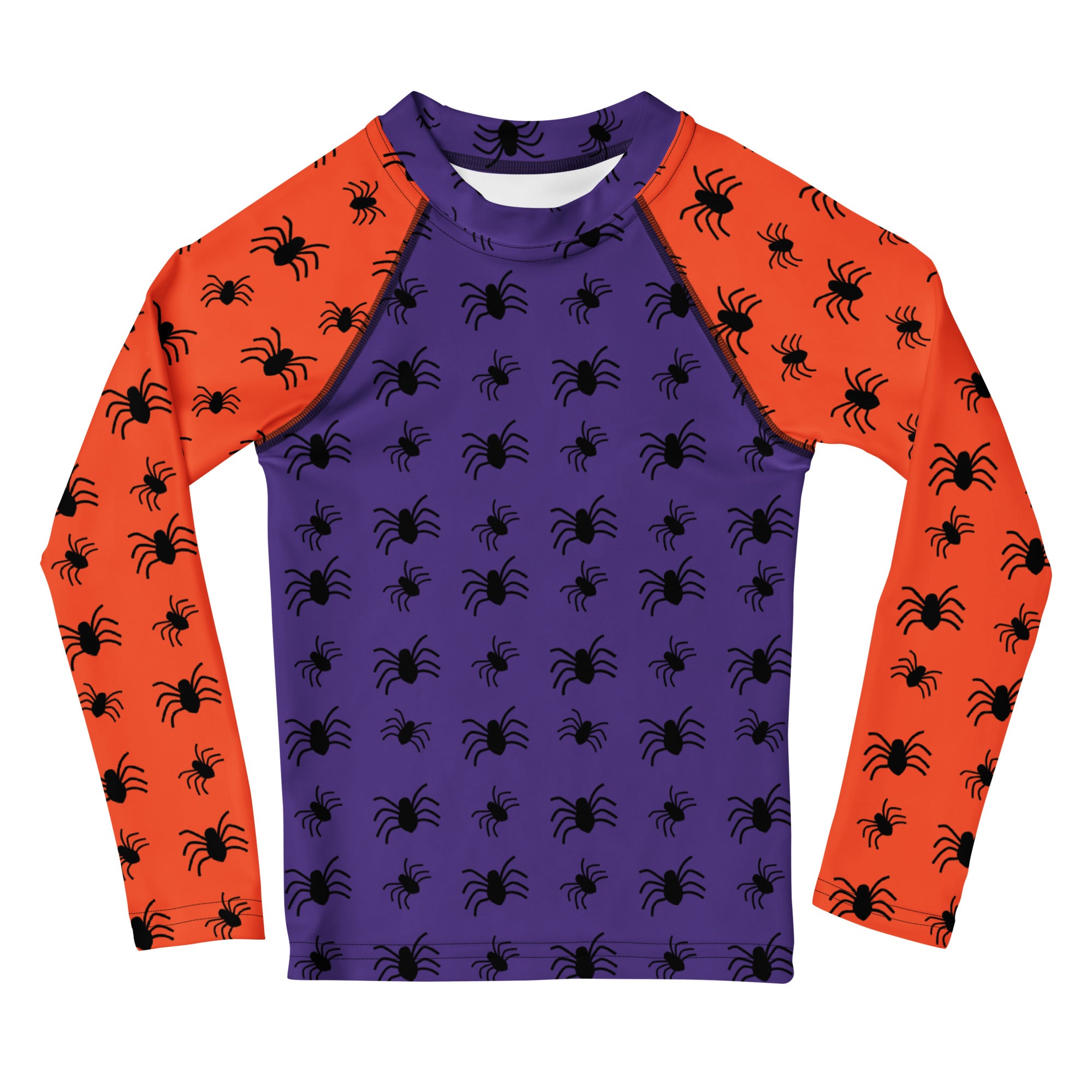 Kids Halloween Spiders Long Sleeve Rash Guard Swim Shirt – Buttery Soft, Sun Safe UPF 50+ Protection, Quick Dry & 4-Way Stretch Comfort