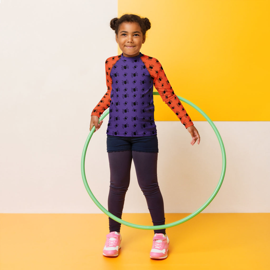 Kids Halloween Spiders Long Sleeve Rash Guard Swim Shirt – Buttery Soft, Sun Safe UPF 50+ Protection, Quick Dry & 4-Way Stretch Comfort