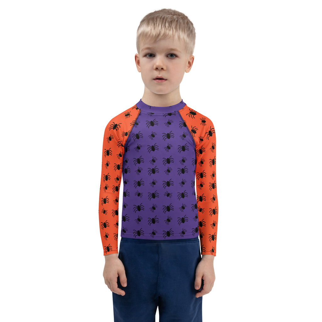 Kids Halloween Spiders Long Sleeve Rash Guard Swim Shirt – Buttery Soft, Sun Safe UPF 50+ Protection, Quick Dry & 4-Way Stretch Comfort