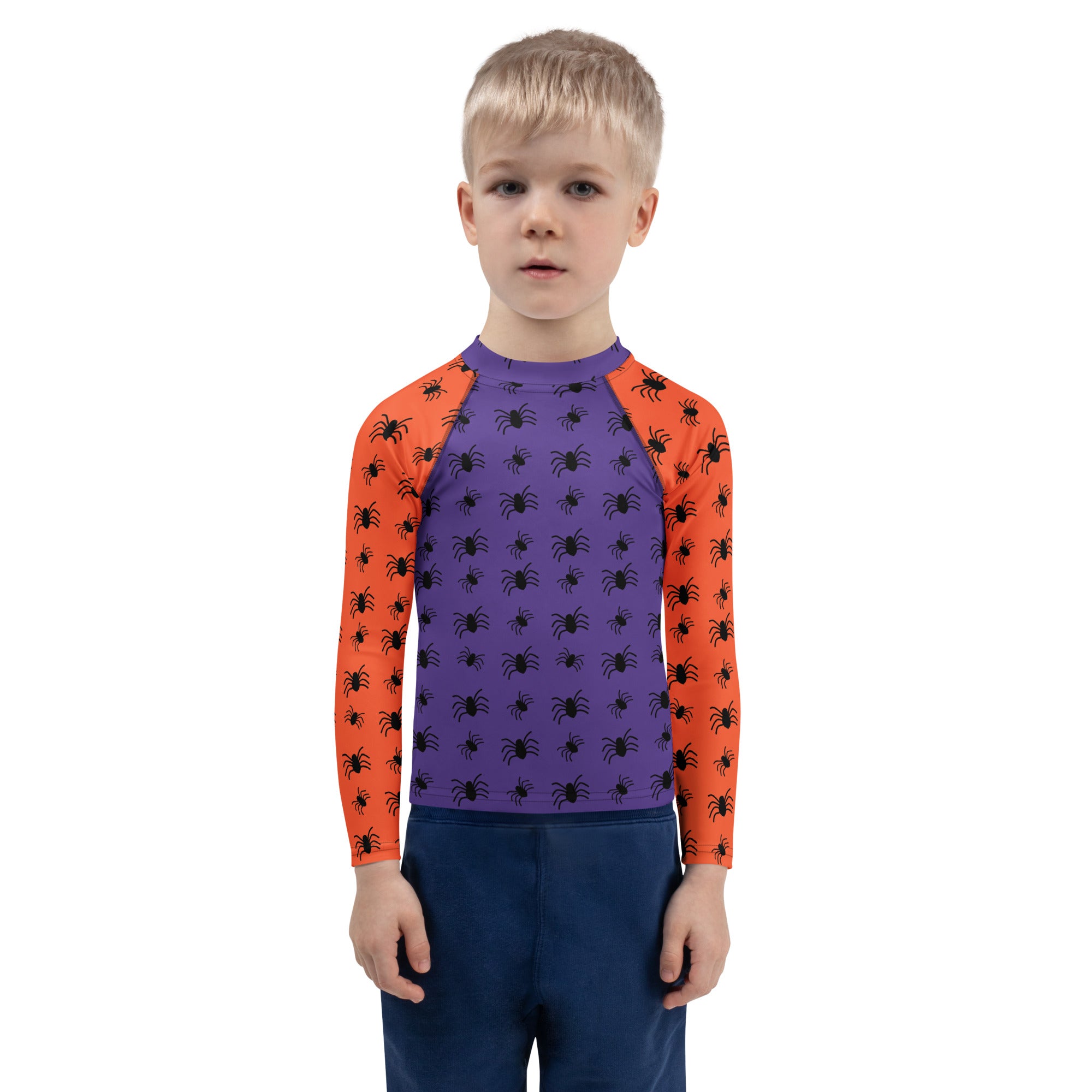 Kids Halloween Spiders Long Sleeve Rash Guard Swim Shirt – Buttery Soft, Sun Safe UPF 50+ Protection, Quick Dry & 4-Way Stretch Comfort