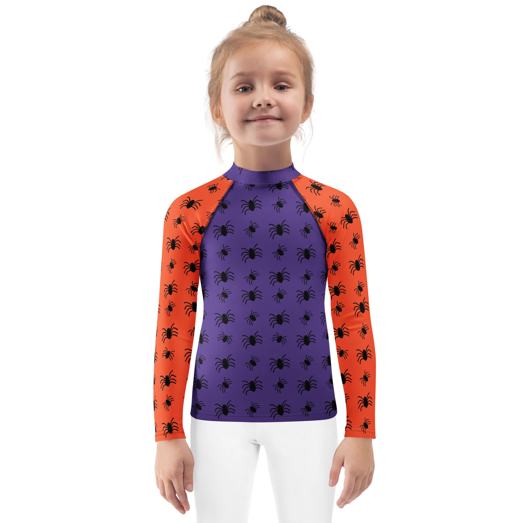 Kids Halloween Spiders Long Sleeve Rash Guard Swim Shirt – Buttery Soft, Sun Safe UPF 50+ Protection, Quick Dry & 4-Way Stretch Comfort