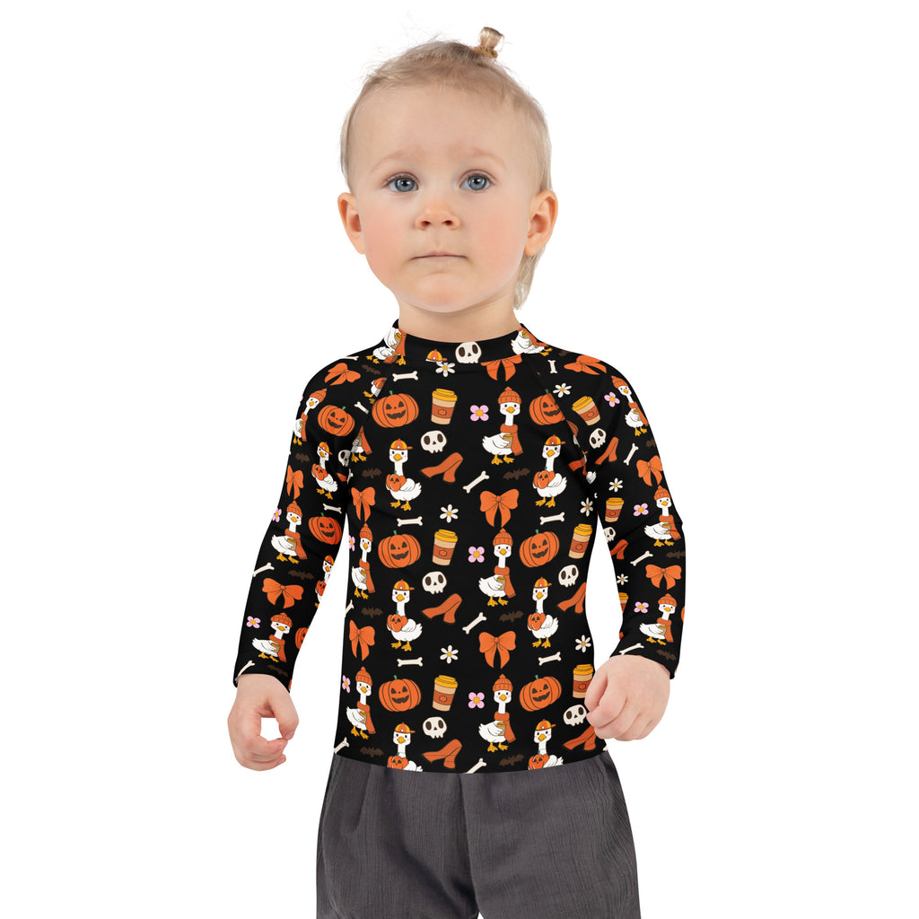Girls Cute Halloween Goose Long Sleeve Rash Guard Swim Shirt – Buttery Soft, Sun Safe UPF 50+ Protection, Quick Dry & 4-Way Stretch Comfort